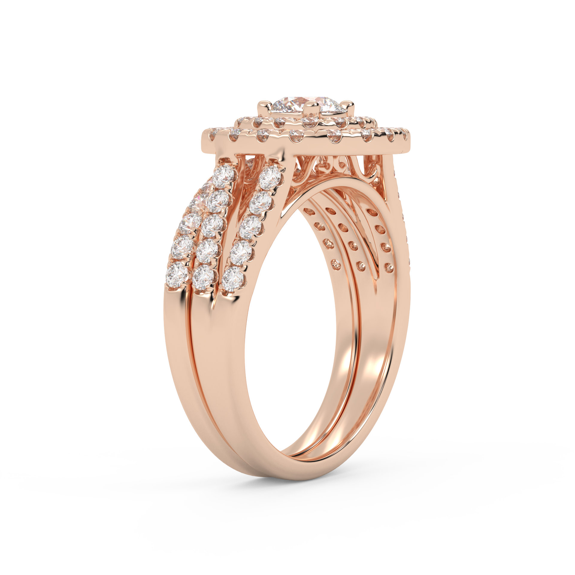 IGI Certified Round Shape Split Shank Double Halo Bridal Set Ring