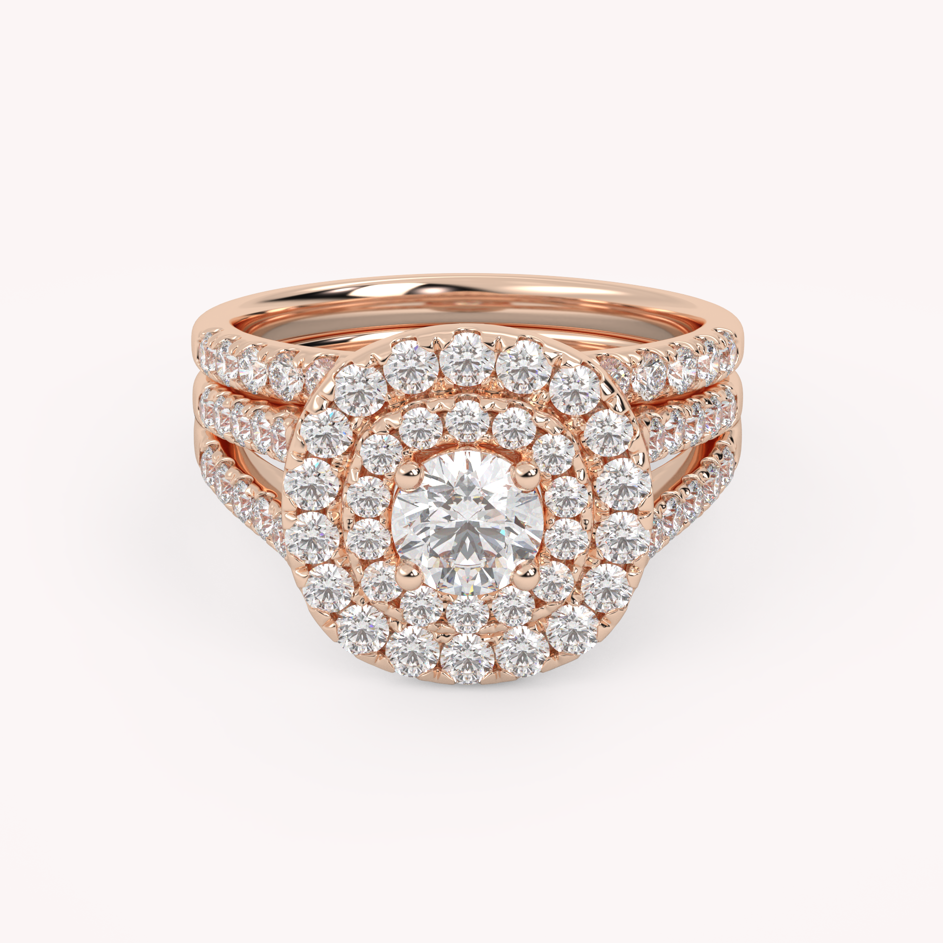 IGI Certified Round Shape Split Shank Double Halo Bridal Set Ring