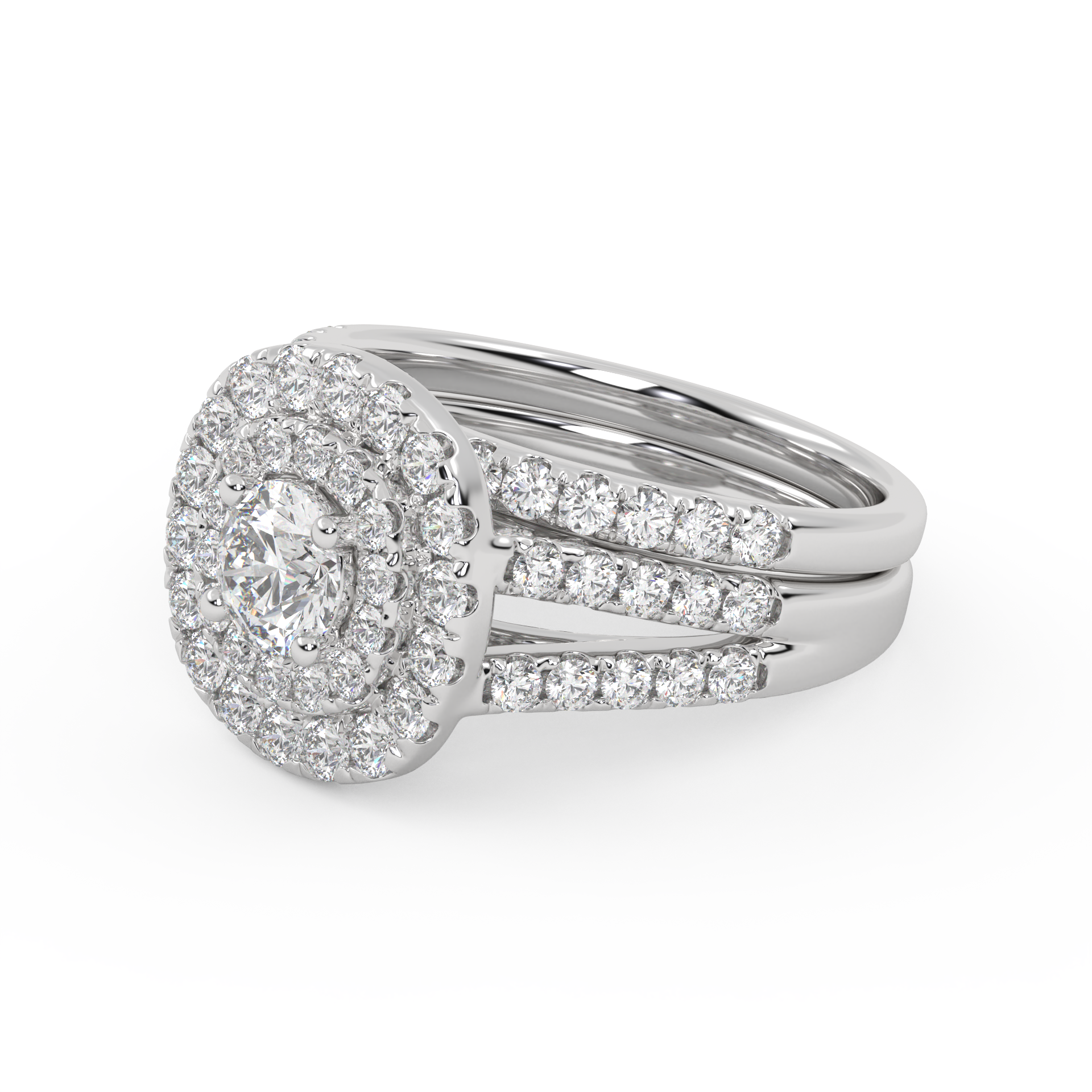 IGI Certified Round Shape Split Shank Double Halo Bridal Set Ring