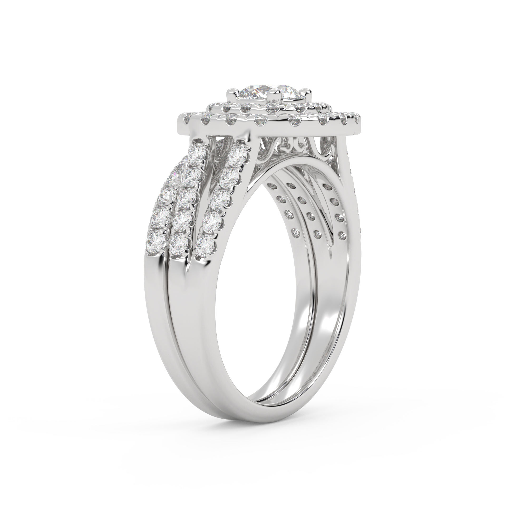 IGI Certified Round Shape Split Shank Double Halo Bridal Set Ring