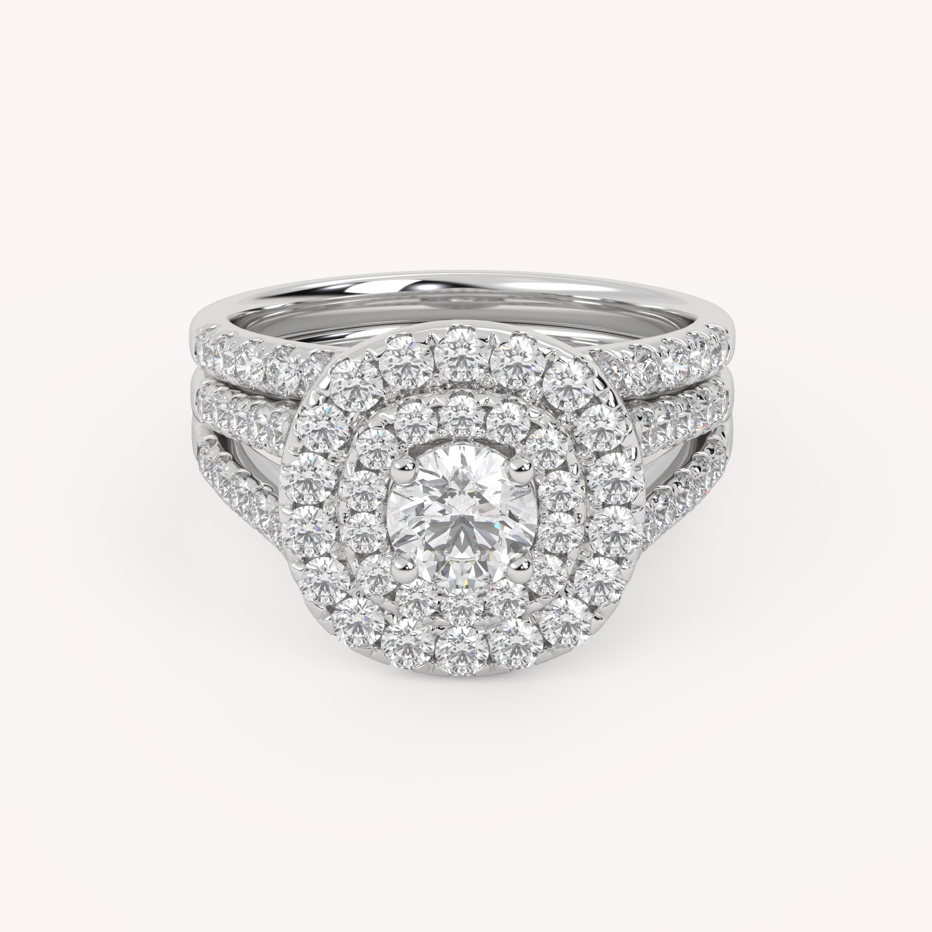 IGI Certified Round Shape Split Shank Double Halo Bridal Set Ring