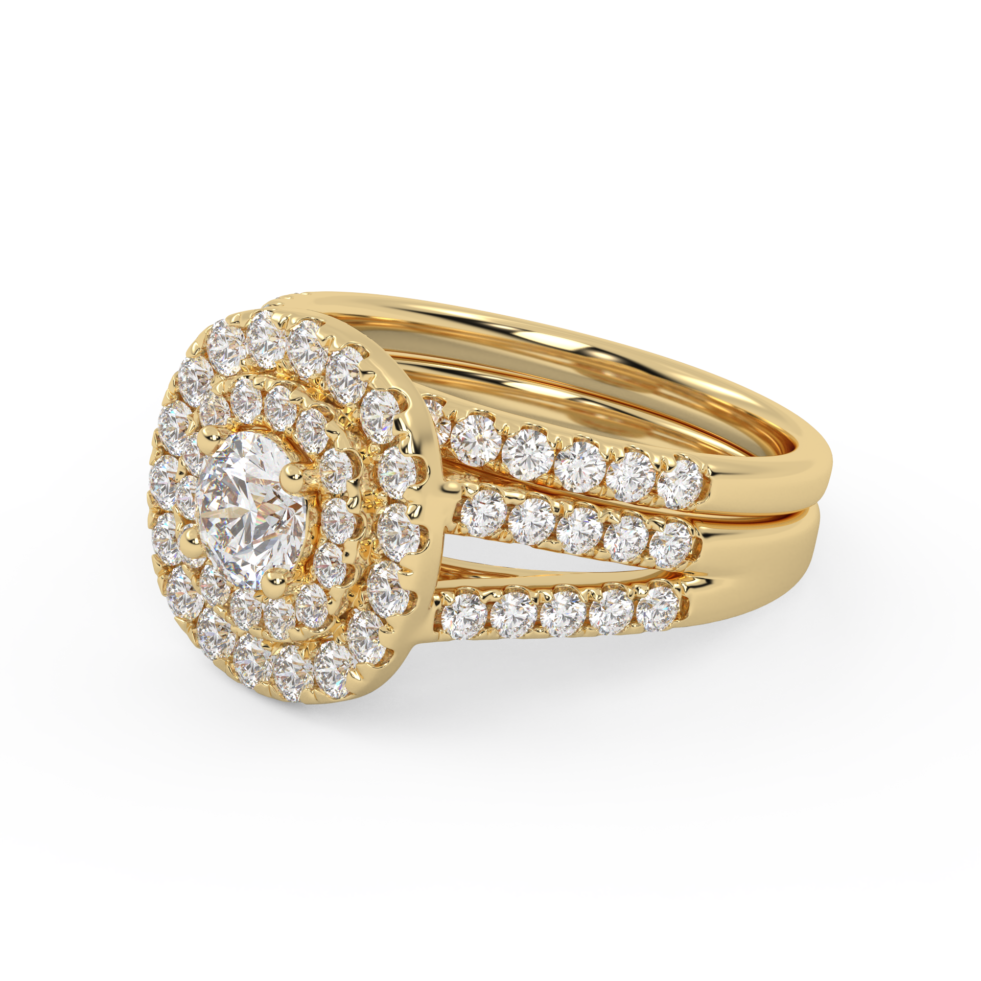 IGI Certified Round Shape Split Shank Double Halo Bridal Set Ring