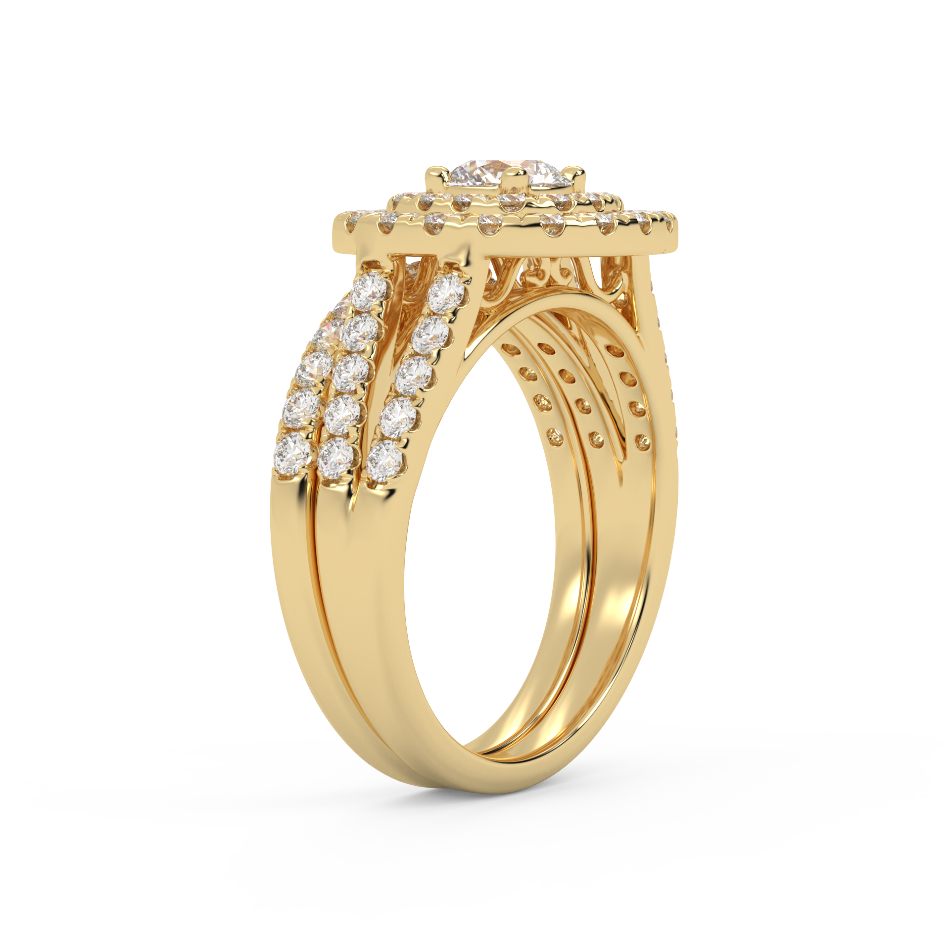 IGI Certified Round Shape Split Shank Double Halo Bridal Set Ring