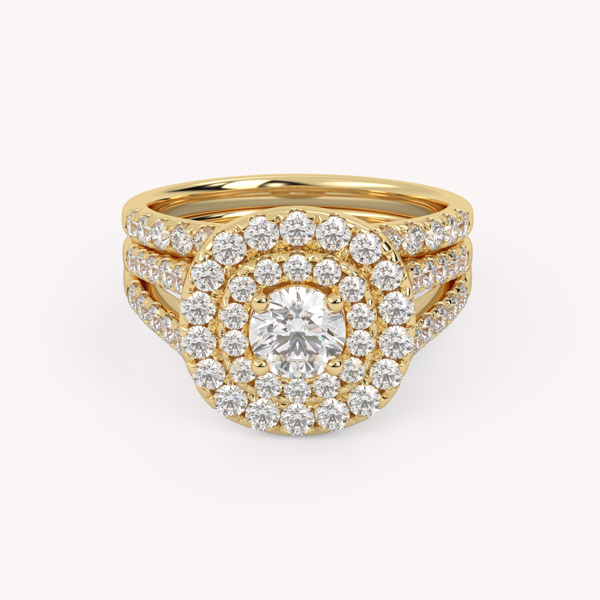 IGI Certified Round Shape Split Shank Double Halo Bridal Set Ring