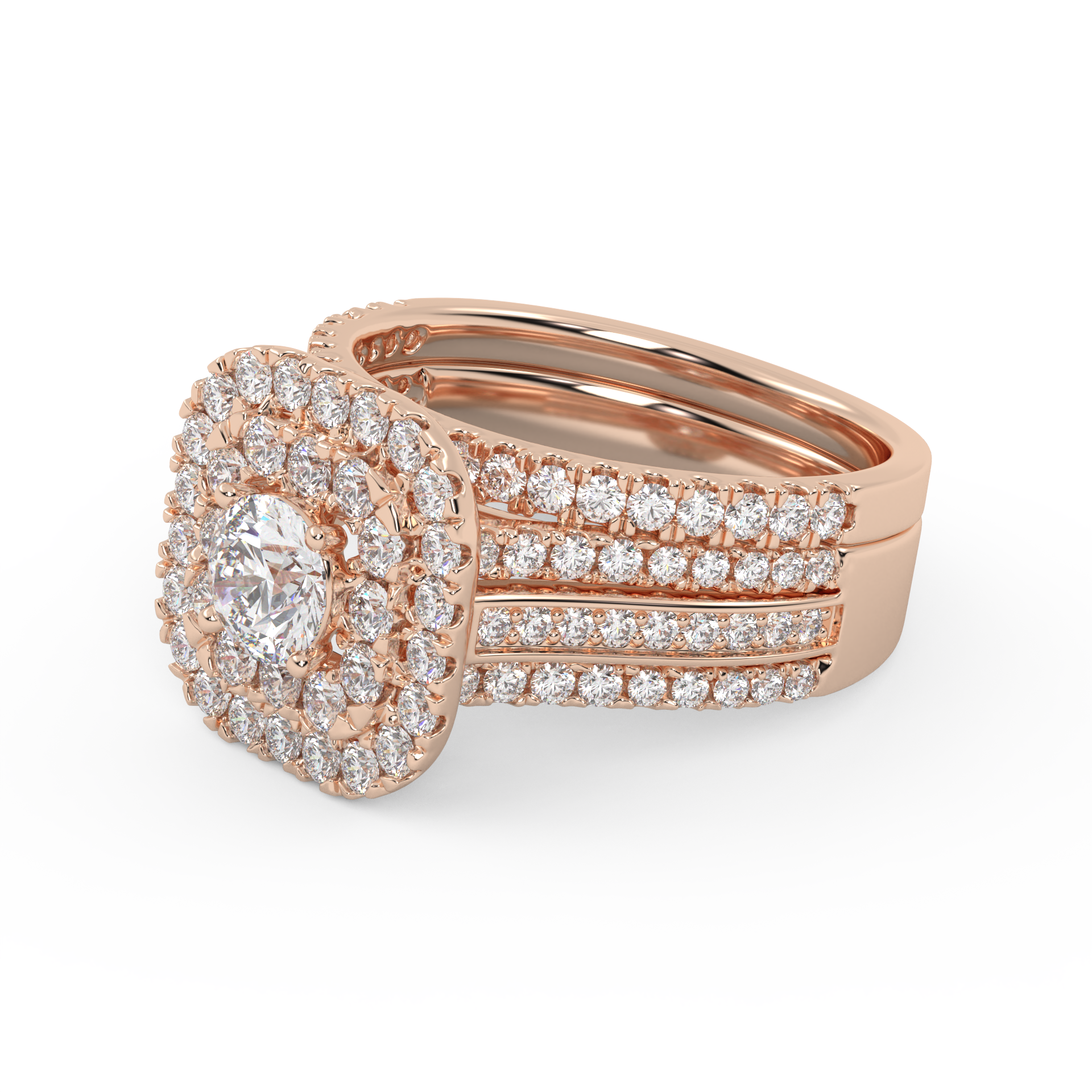 IGI Certified Lab Diamond 3 Row Double Halo Bridal Set Ring