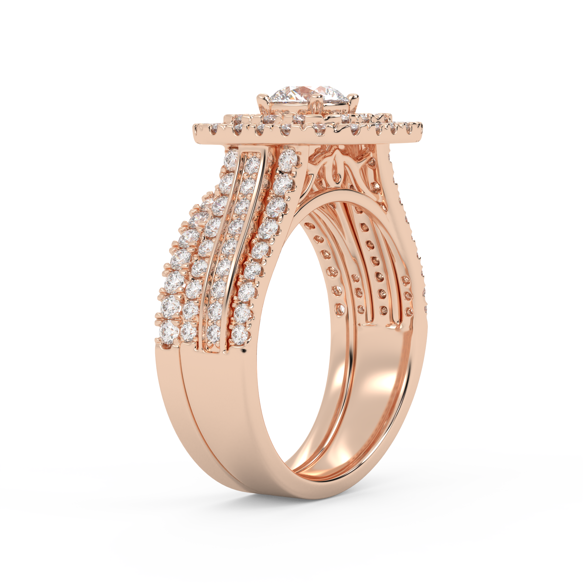 IGI Certified Lab Diamond 3 Row Double Halo Bridal Set Ring