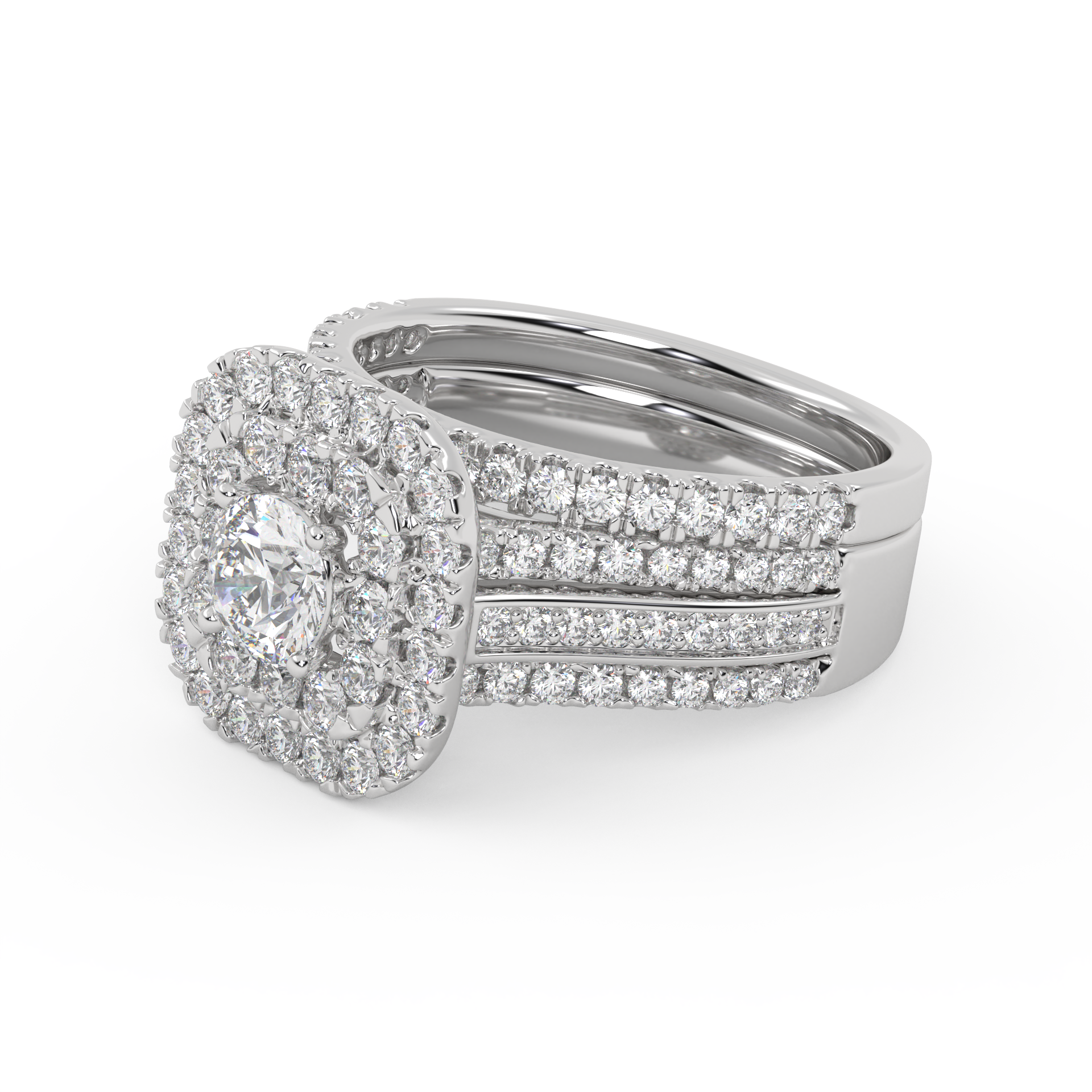 IGI Certified Lab Diamond 3 Row Double Halo Bridal Set Ring