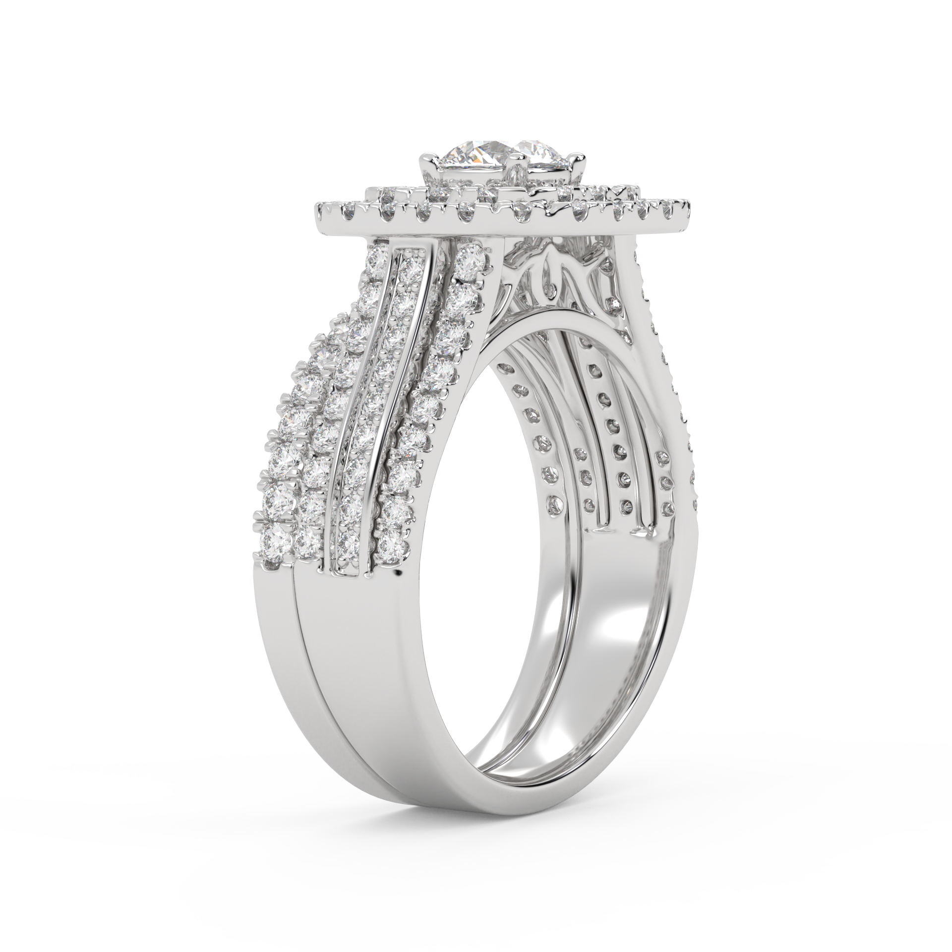 IGI Certified Lab Diamond 3 Row Double Halo Bridal Set Ring