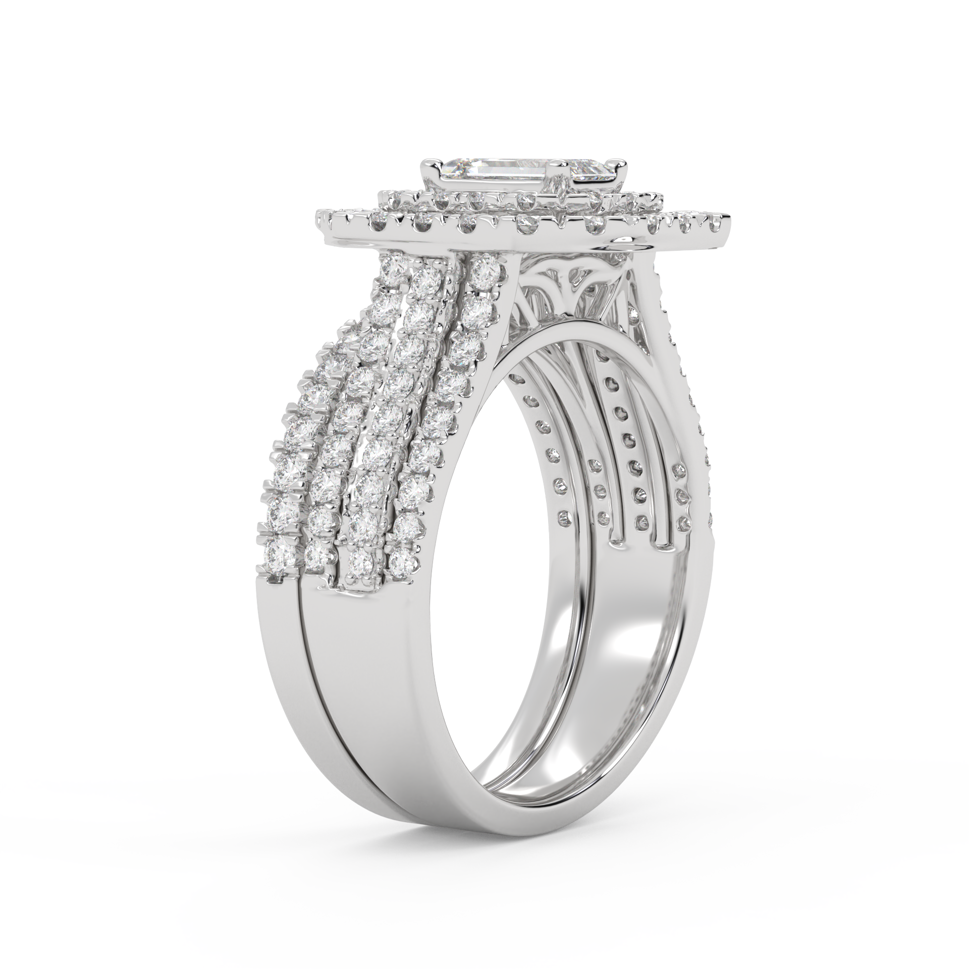 IGI Certified Lab Diamond 3 Row Double Halo Bridal Set Ring