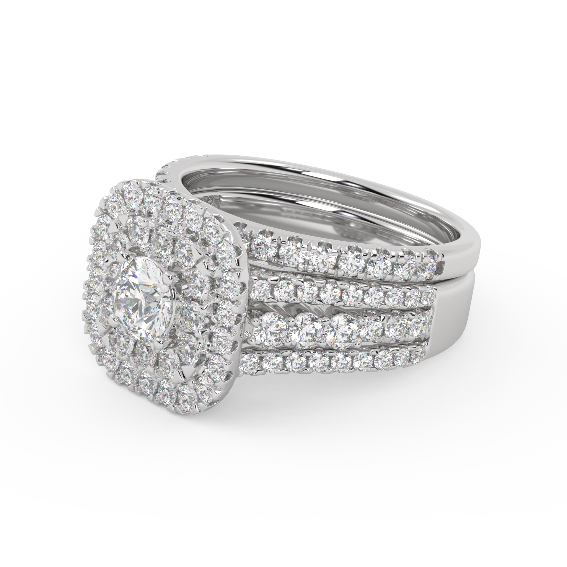 IGI Certified Lab Diamond 3 Row Double Halo Bridal Set Ring