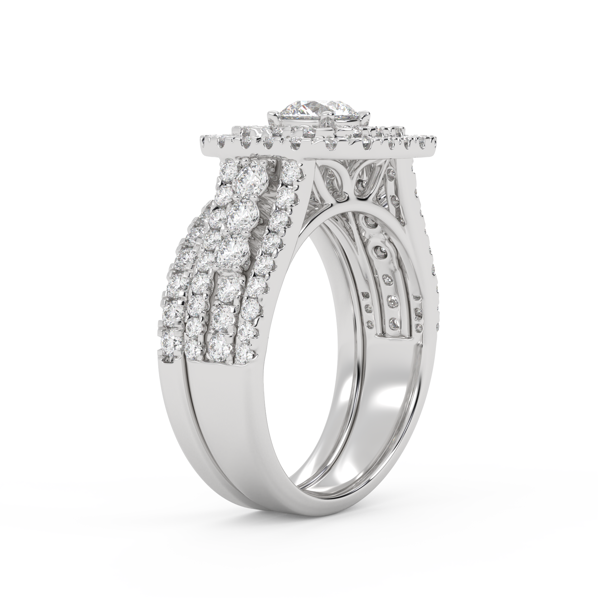 IGI Certified Lab Diamond 3 Row Double Halo Bridal Set Ring