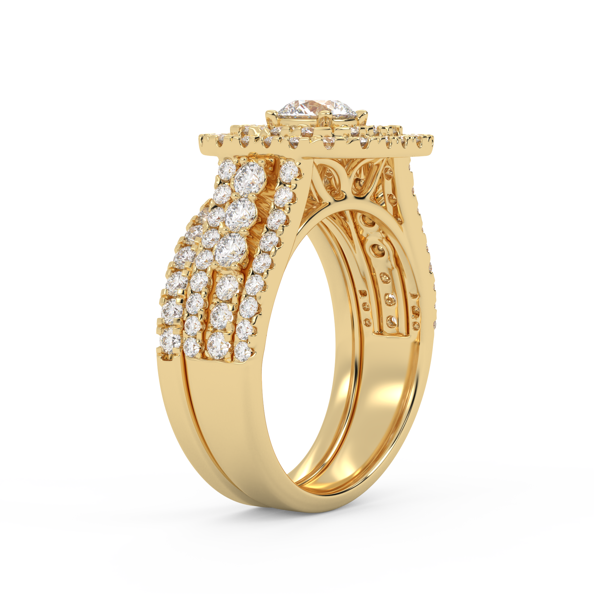 IGI Certified Lab Diamond 3 Row Double Halo Bridal Set Ring