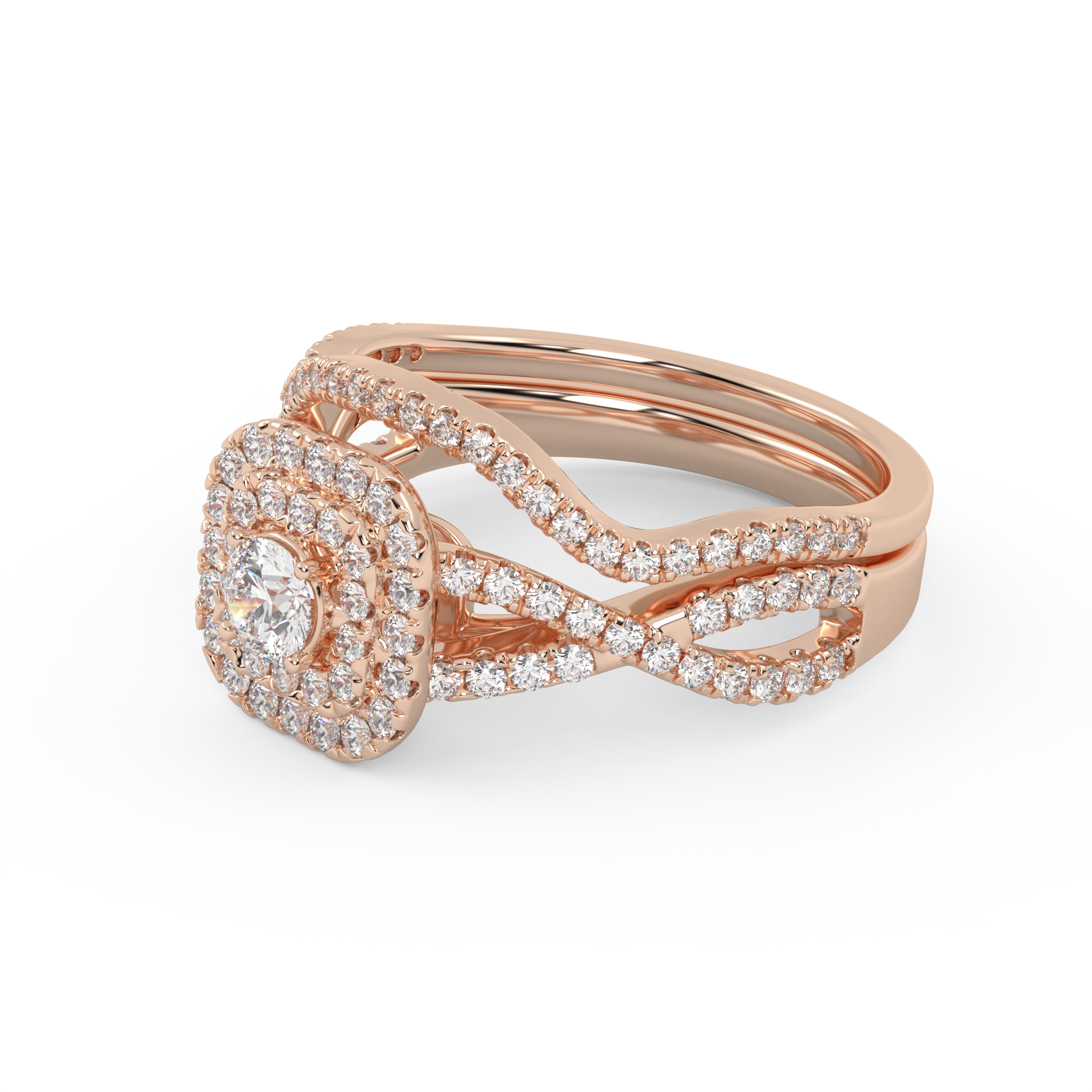 Round Cut 0.90 Carat Lab Grown Diamond Twisted Infinity Halo Solitaire Bridal Set Ring