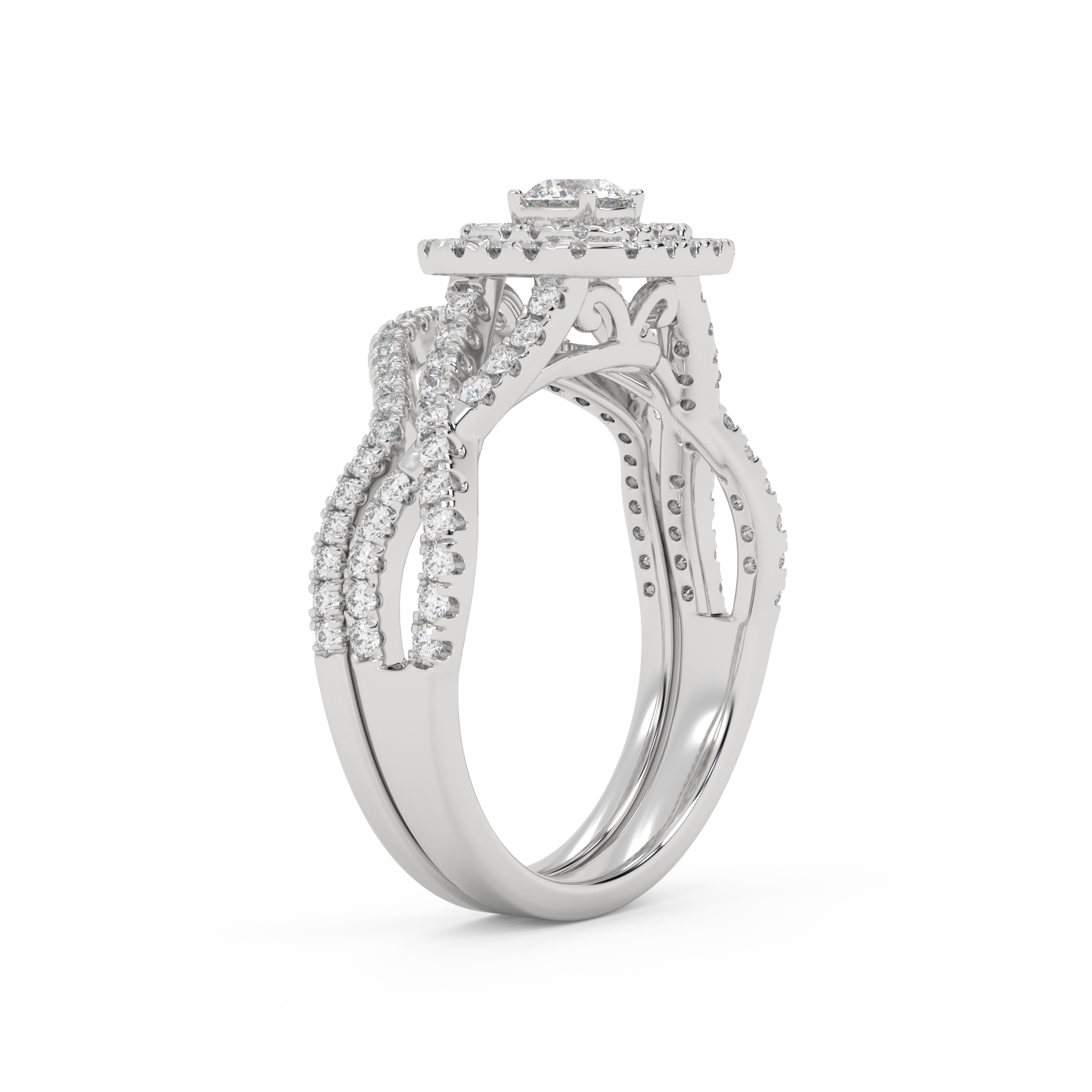 Round Cut 0.90 Carat Lab Grown Diamond Twisted Infinity Halo Solitaire Bridal Set Ring