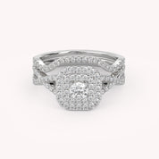 Round Cut 0.90 Carat Lab Grown Diamond Twisted Infinity Halo Solitaire Bridal Set Ring