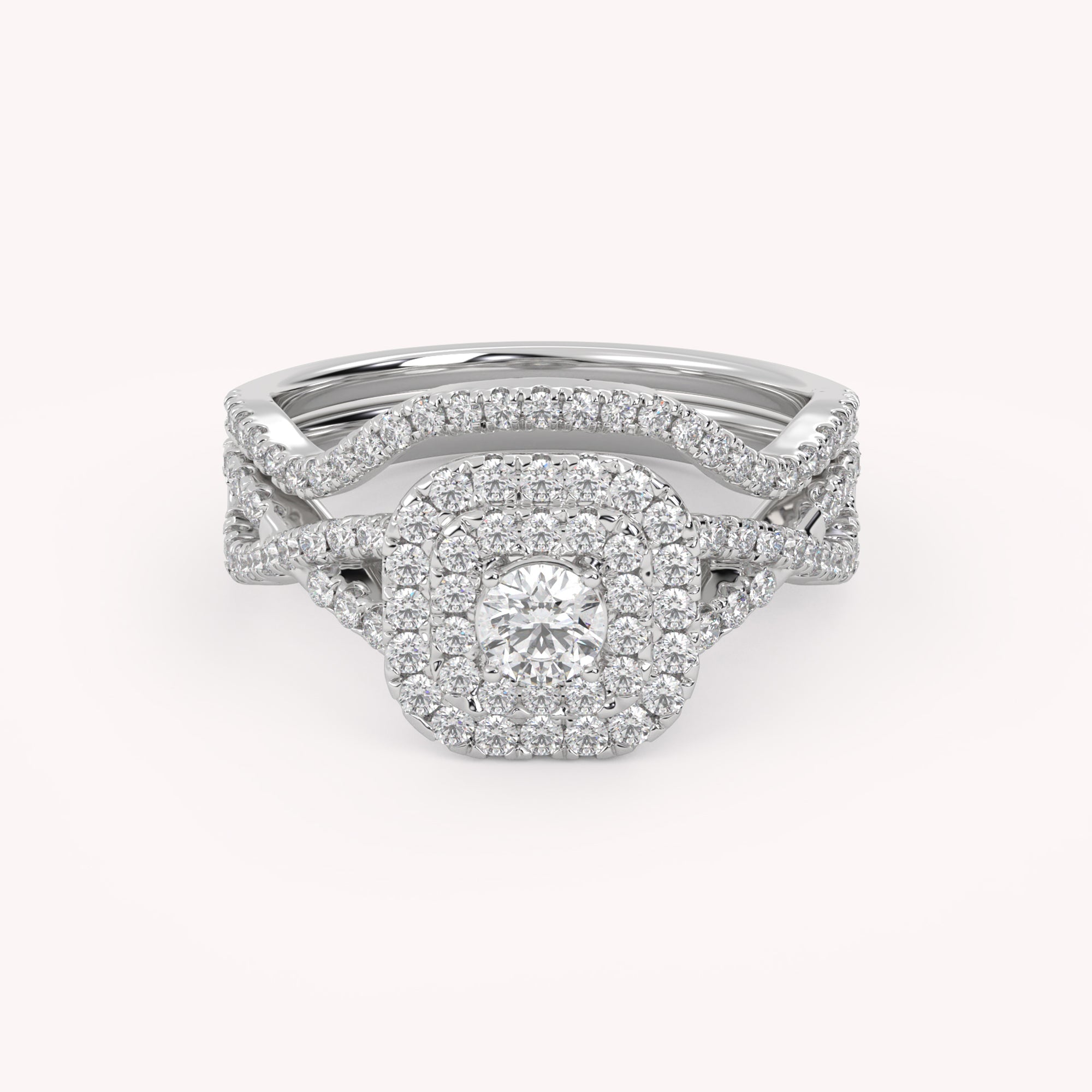 Round Cut 0.90 Carat Lab Grown Diamond Twisted Infinity Halo Solitaire Bridal Set Ring