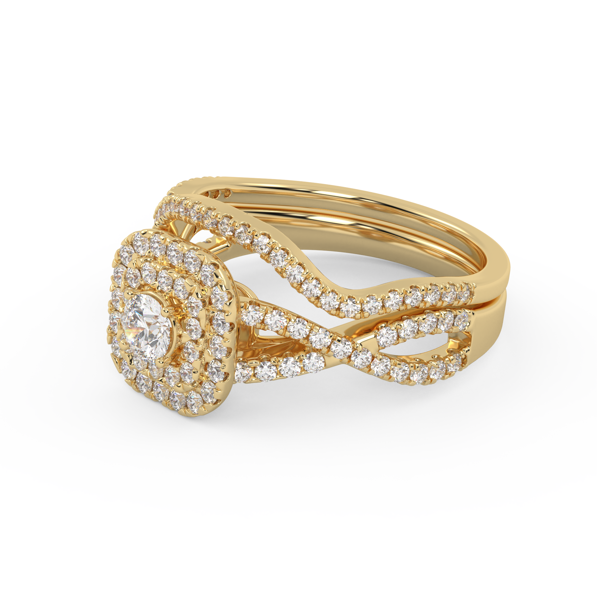 Round Cut 0.90 Carat Lab Grown Diamond Twisted Infinity Halo Solitaire Bridal Set Ring