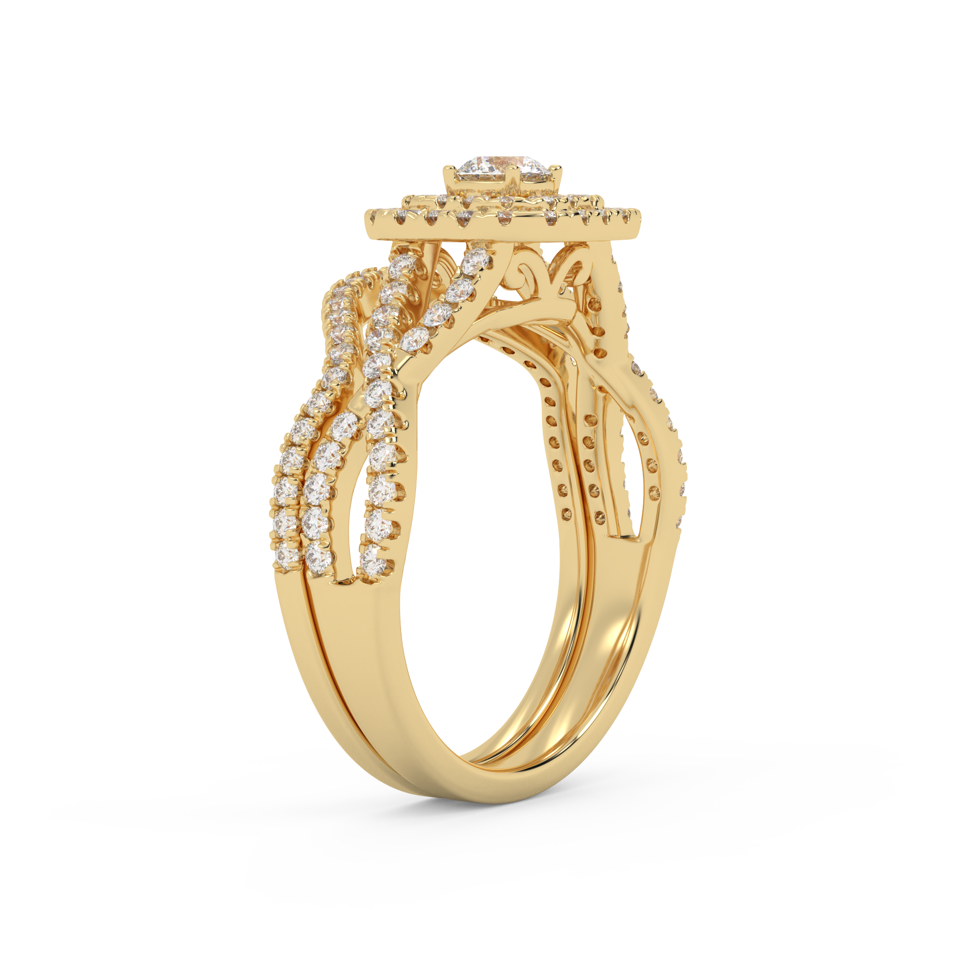 Round Cut 0.90 Carat Lab Grown Diamond Twisted Infinity Halo Solitaire Bridal Set Ring