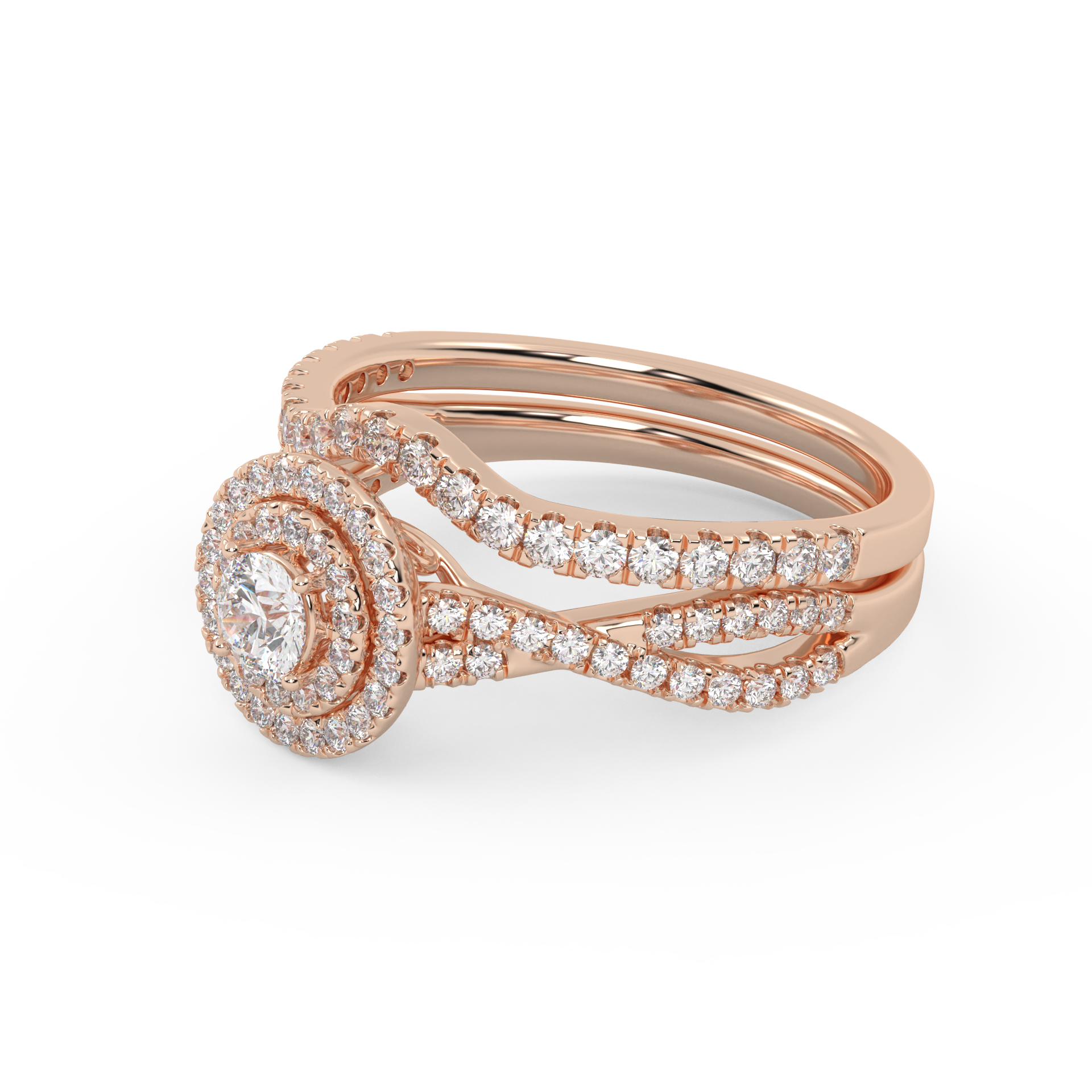 Round Cut 0.80 Carat Lab Grown Diamond Twisted Infinity Double Halo Solitaire Bridal Set Ring