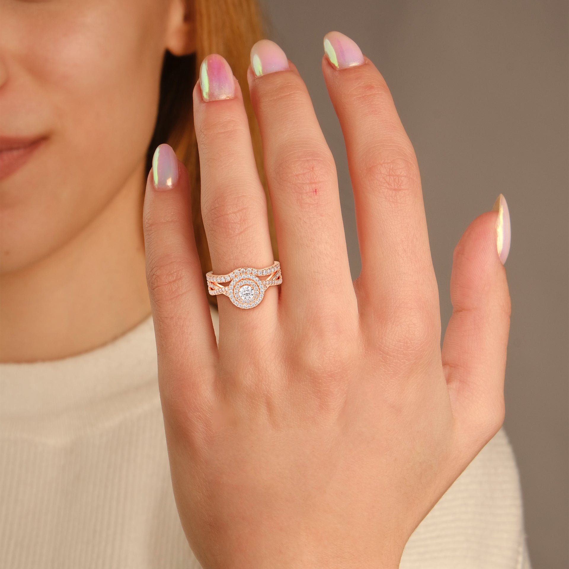 Round Cut 0.80 Carat Lab Grown Diamond Twisted Infinity Double Halo Solitaire Bridal Set Ring