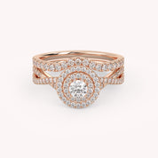 Round Cut 0.80 Carat Lab Grown Diamond Twisted Infinity Double Halo Solitaire Bridal Set Ring