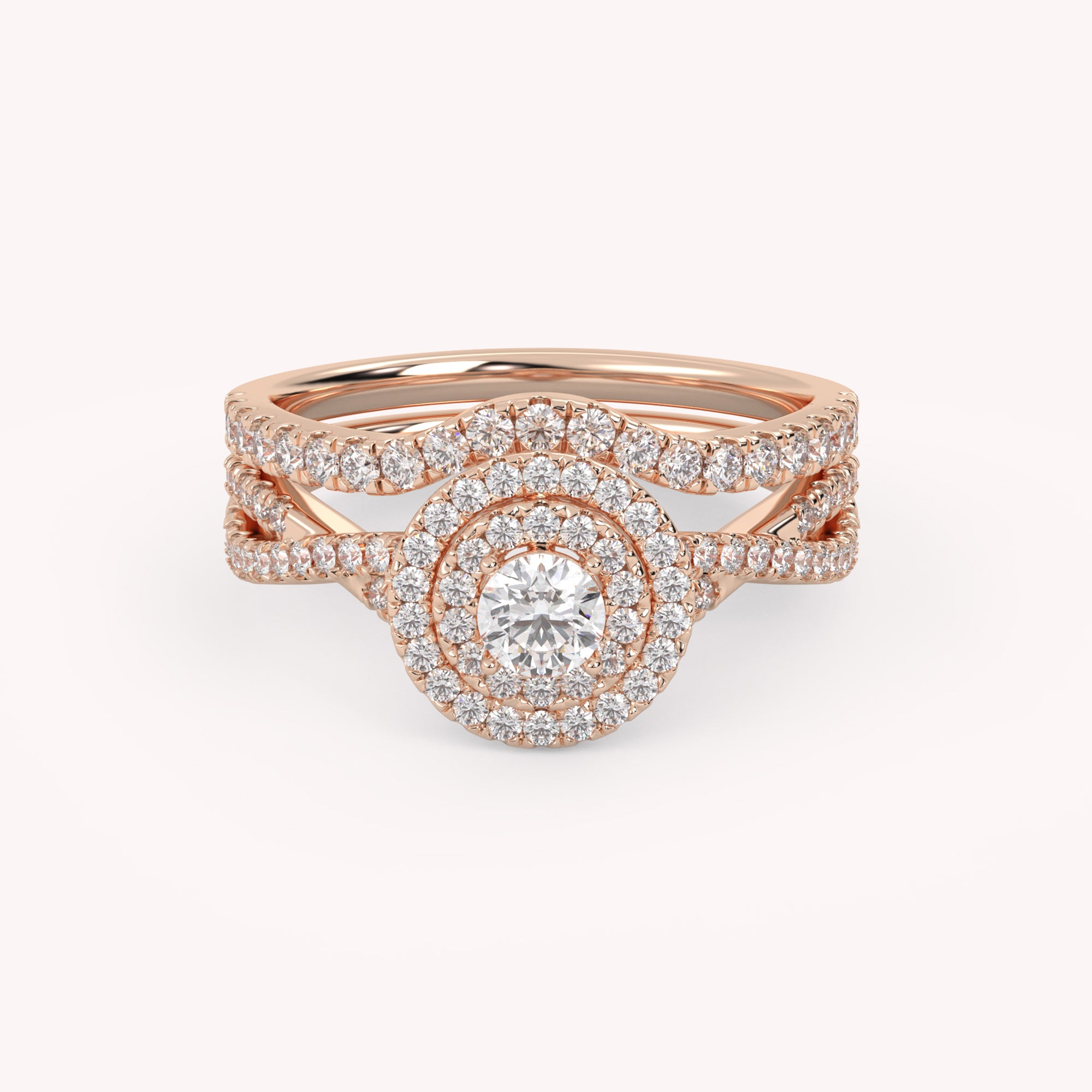 Round Cut 0.80 Carat Lab Grown Diamond Twisted Infinity Double Halo Solitaire Bridal Set Ring