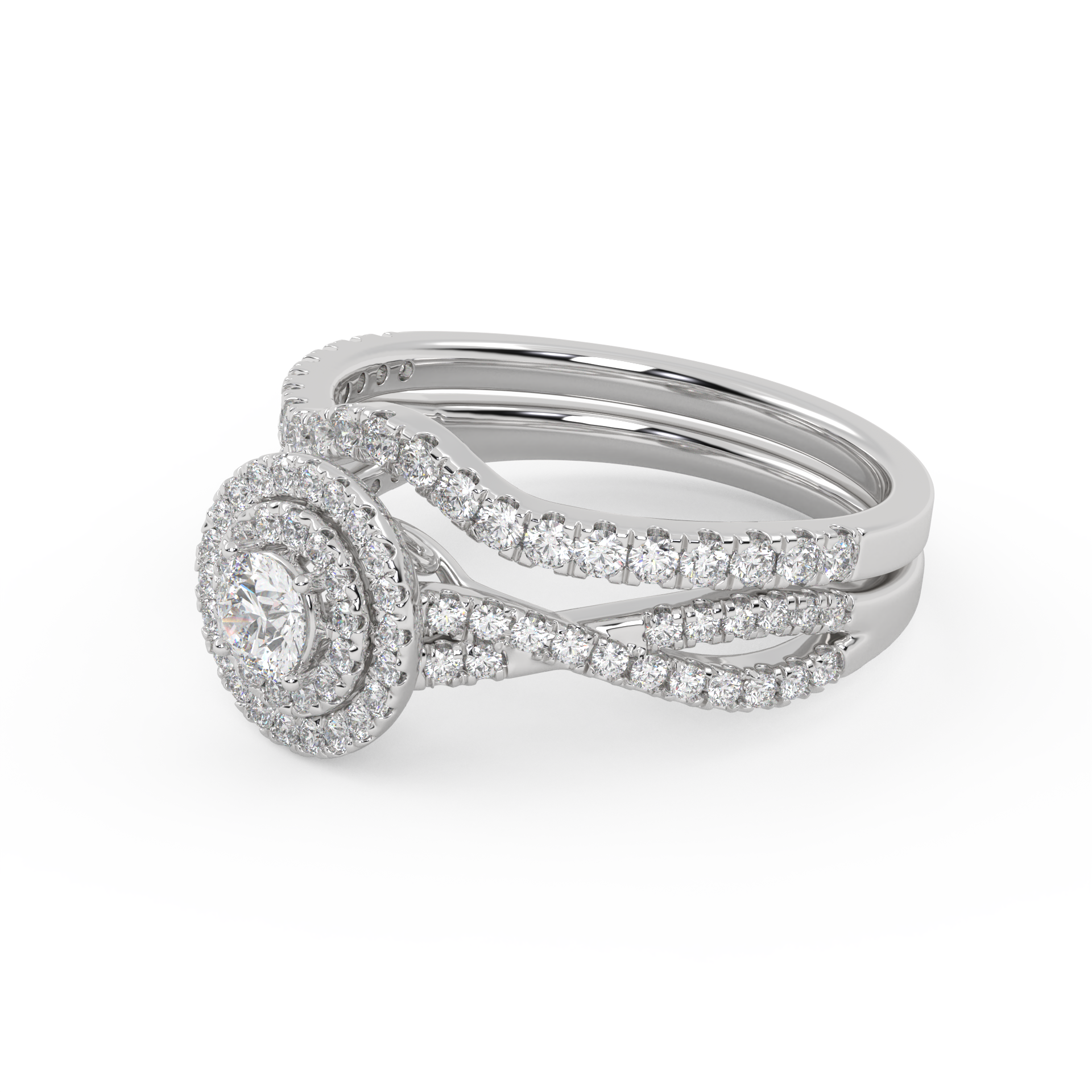 Round Cut 0.80 Carat Lab Grown Diamond Twisted Infinity Double Halo Solitaire Bridal Set Ring