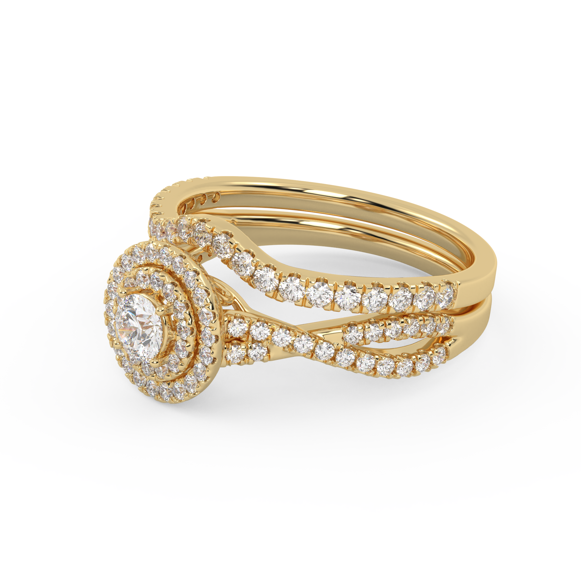 Round Cut 0.80 Carat Lab Grown Diamond Twisted Infinity Double Halo Solitaire Bridal Set Ring