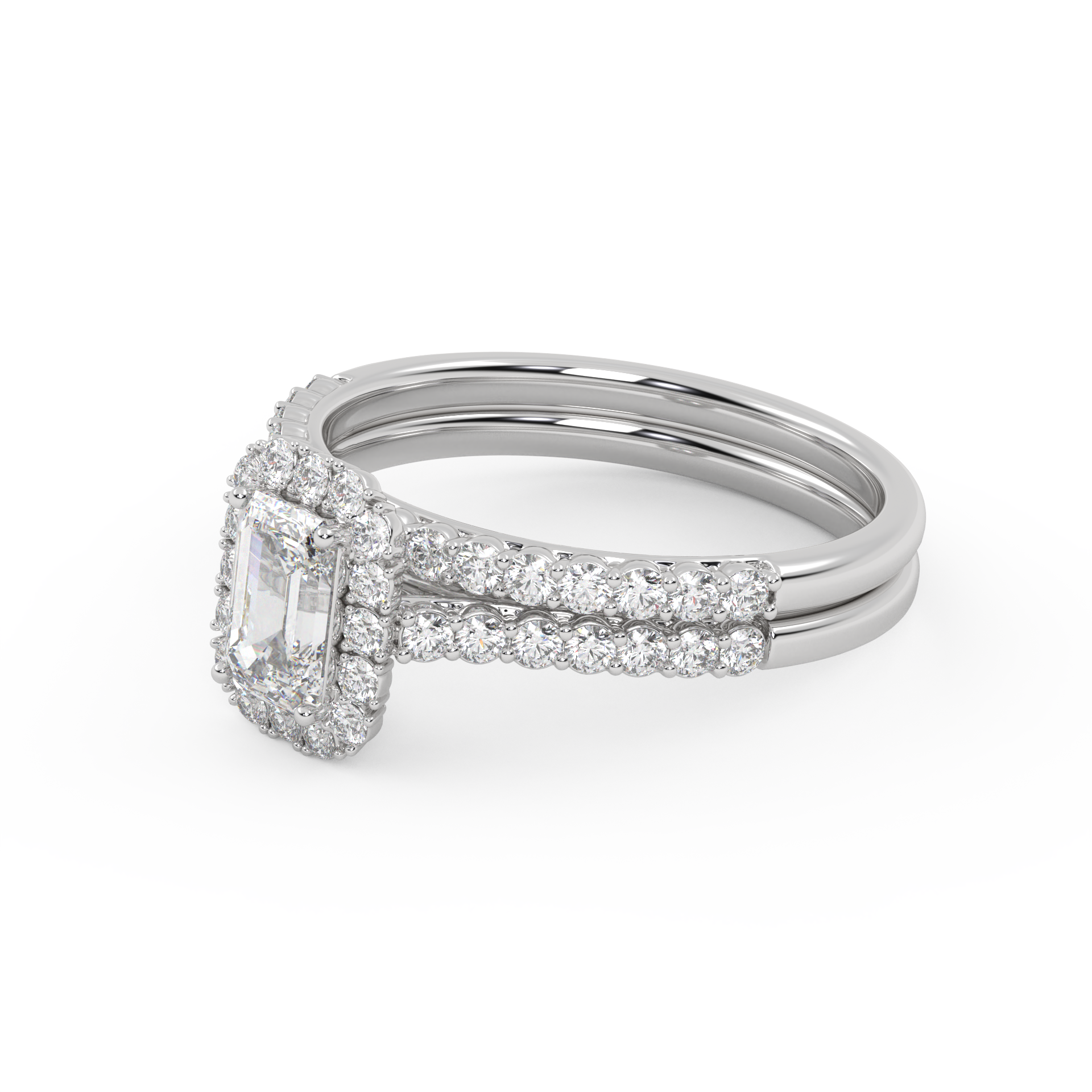 Emerald Cut 1.20 Carat Lab Grown Diamond Half Eternity Halo Solitaire Bridal Set Ring