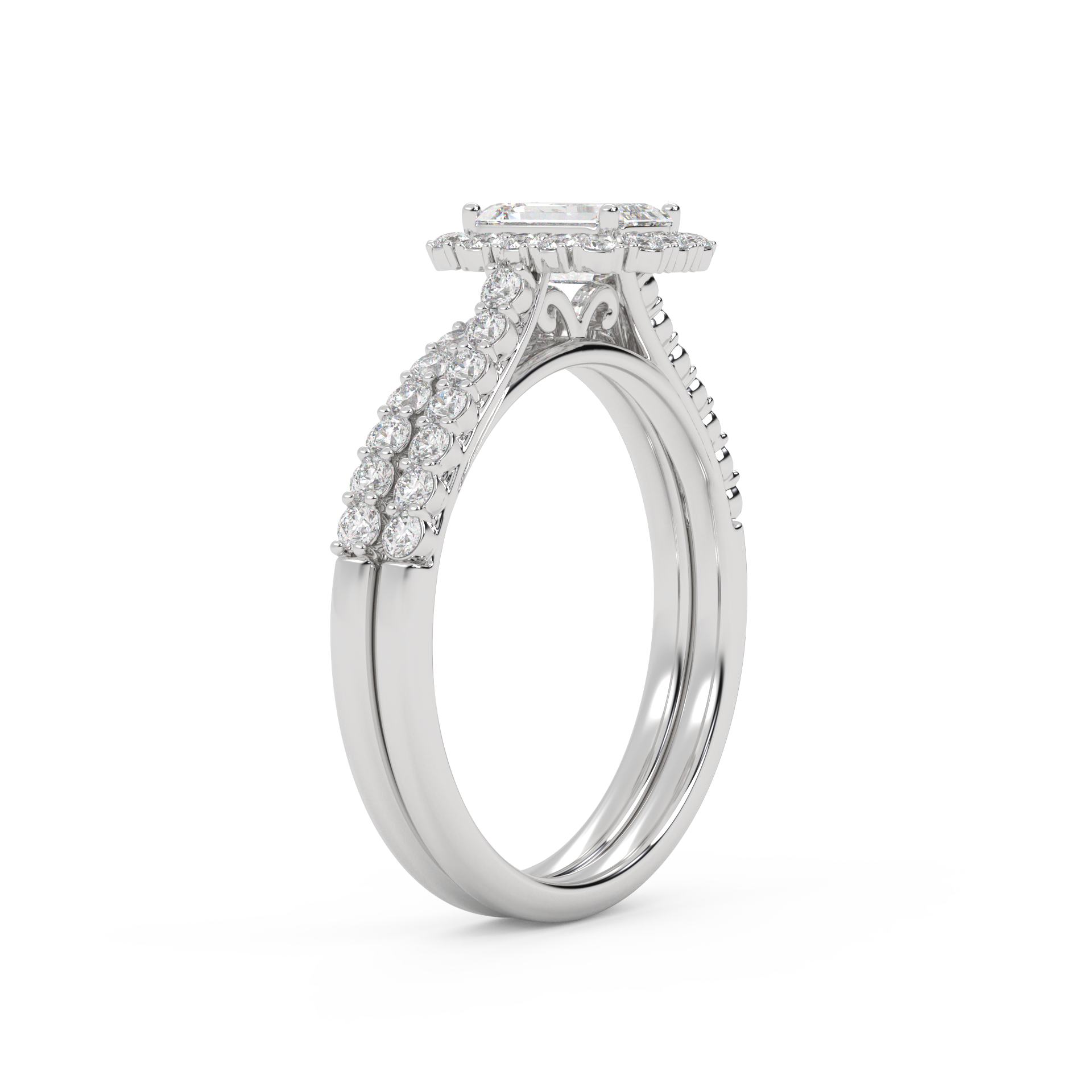 Emerald Cut 1.20 Carat Lab Grown Diamond Half Eternity Halo Solitaire Bridal Set Ring