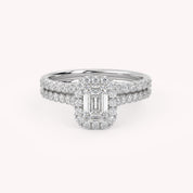Emerald Cut 1.20 Carat Lab Grown Diamond Half Eternity Halo Solitaire Bridal Set Ring