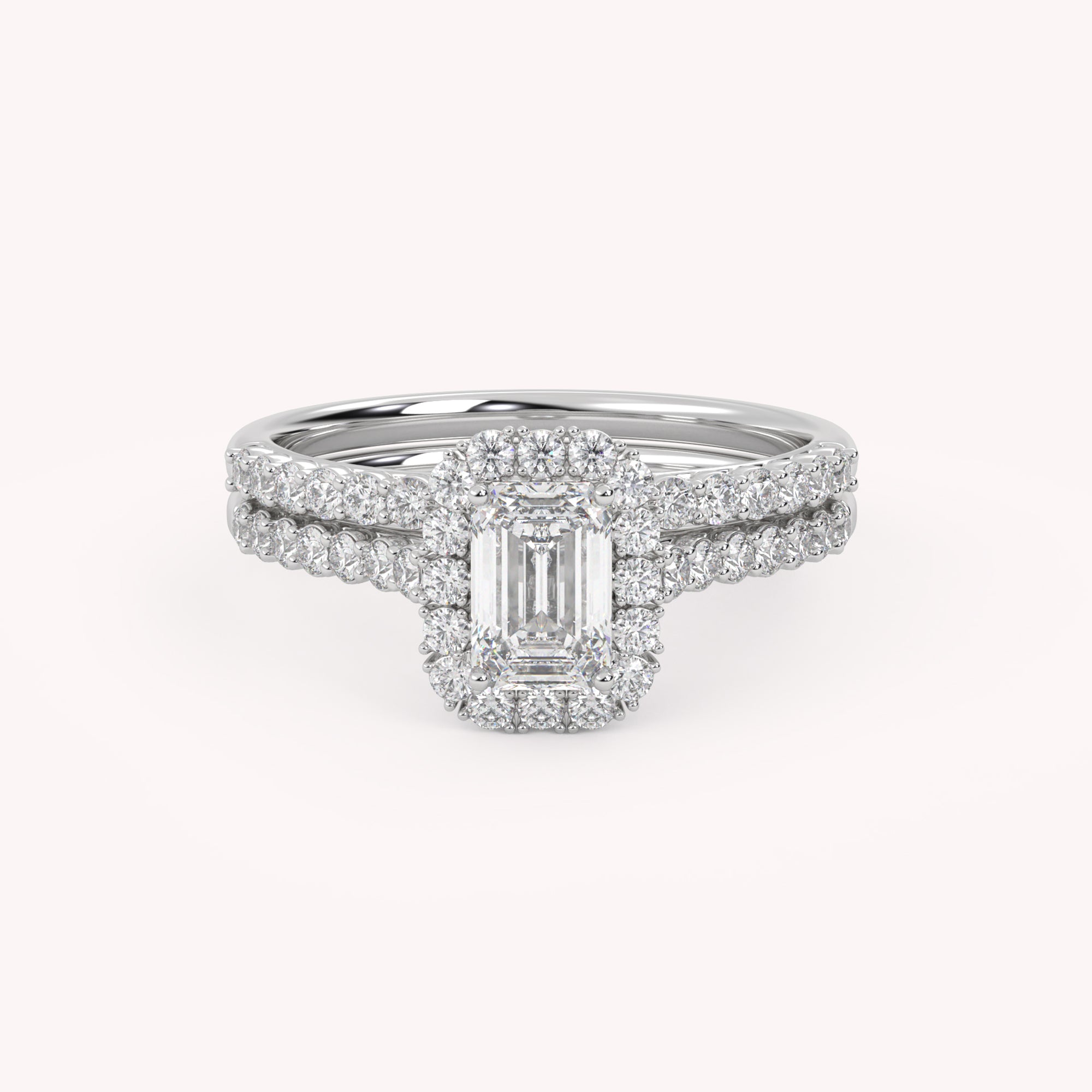 Emerald Cut 1.20 Carat Lab Grown Diamond Half Eternity Halo Solitaire Bridal Set Ring