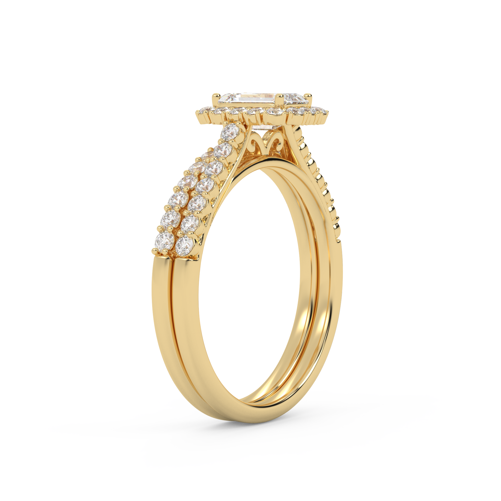 Emerald Cut 1.20 Carat Lab Grown Diamond Half Eternity Halo Solitaire Bridal Set Ring