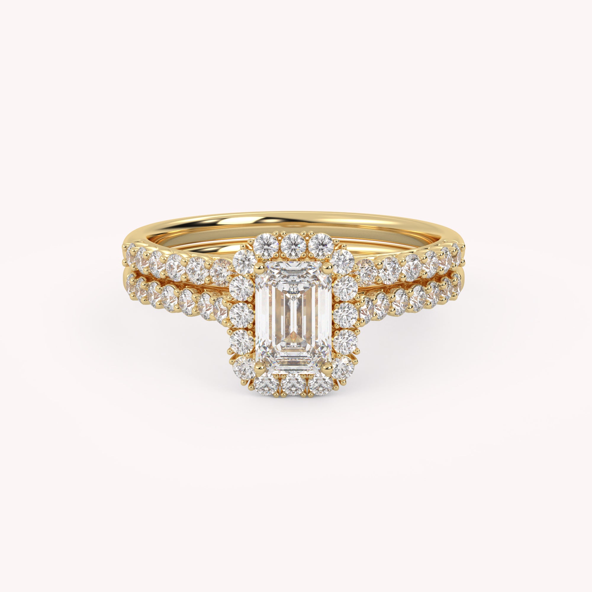 Emerald Cut 1.20 Carat Lab Grown Diamond Half Eternity Halo Solitaire Bridal Set Ring