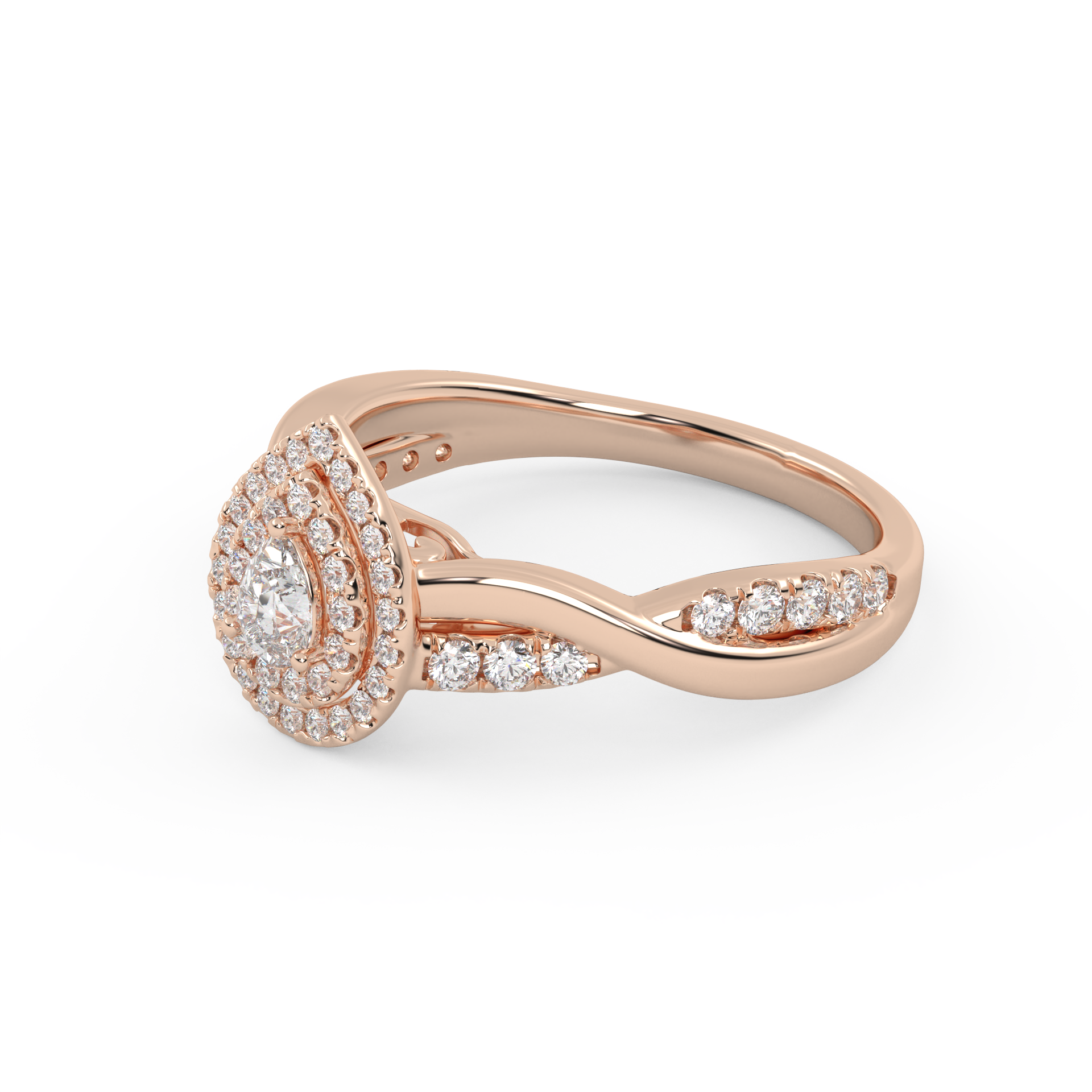 IGI Certified Pear Cut Twisted Teardrop Double Halo Engagement Ring