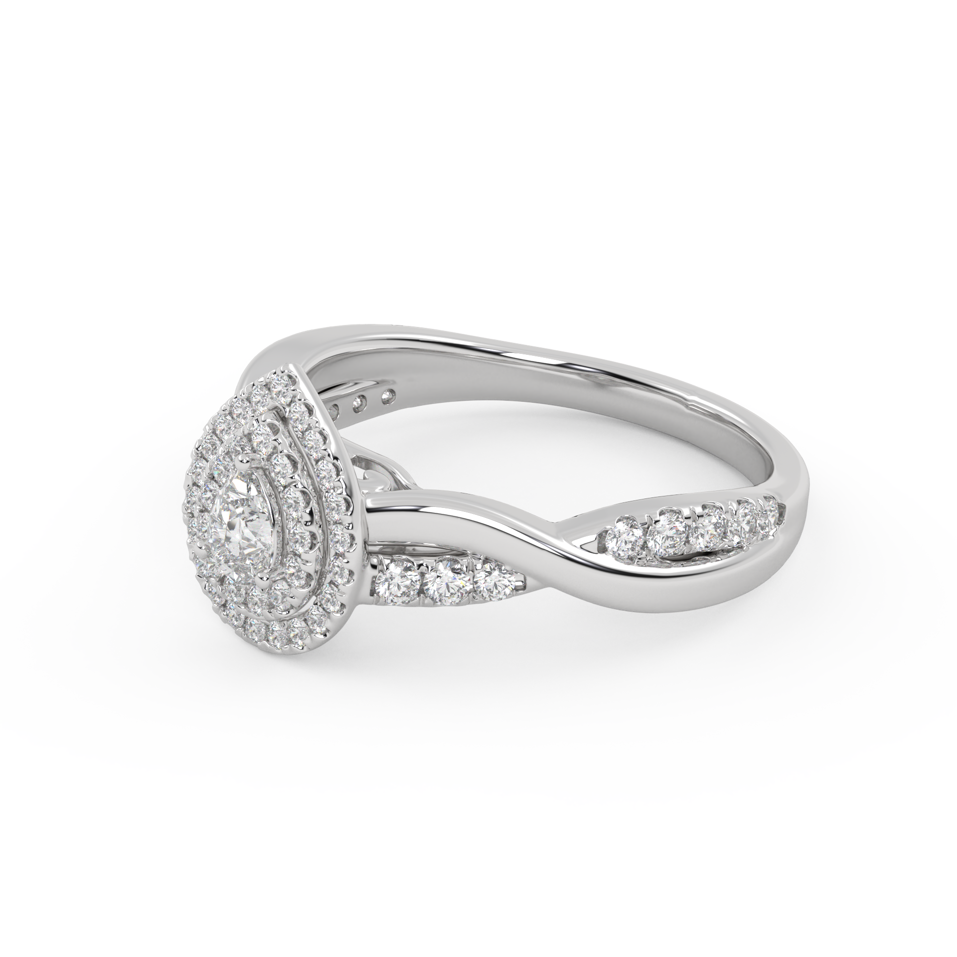 IGI Certified Pear Cut Twisted Teardrop Double Halo Engagement Ring