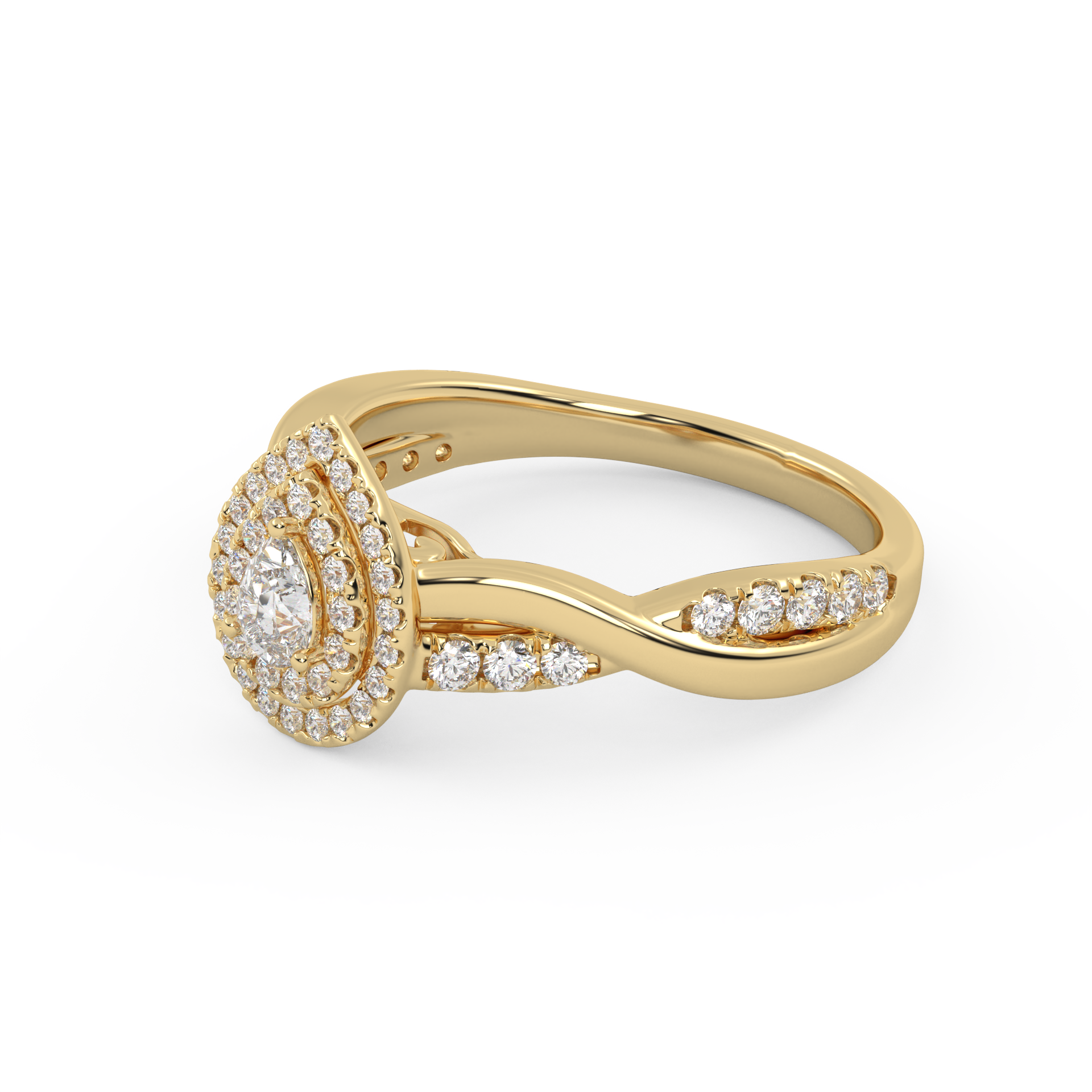 IGI Certified Pear Cut Twisted Teardrop Double Halo Engagement Ring