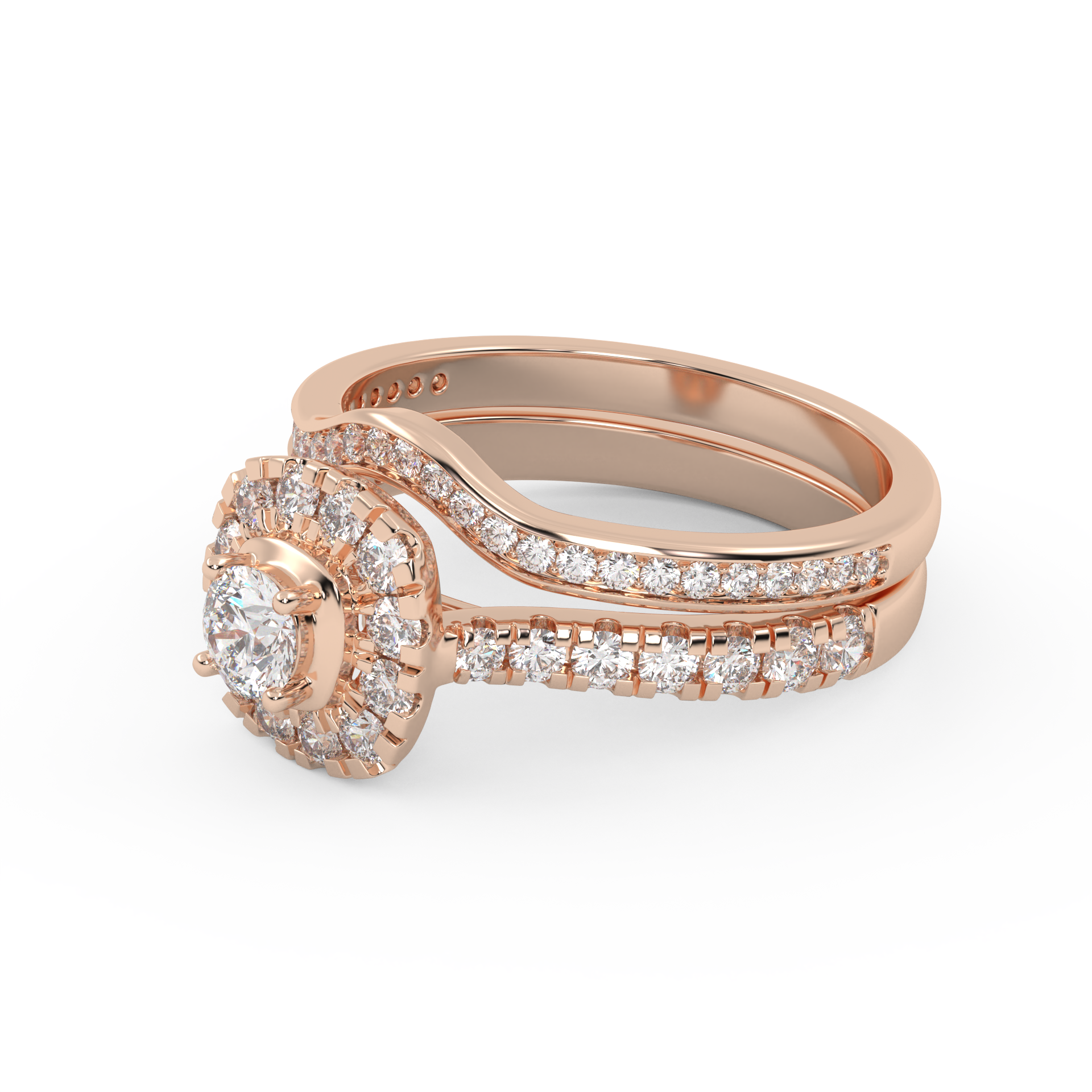 IGI Certified Round Shape Half Eternity Halo Solitaire Bridal Set Ring