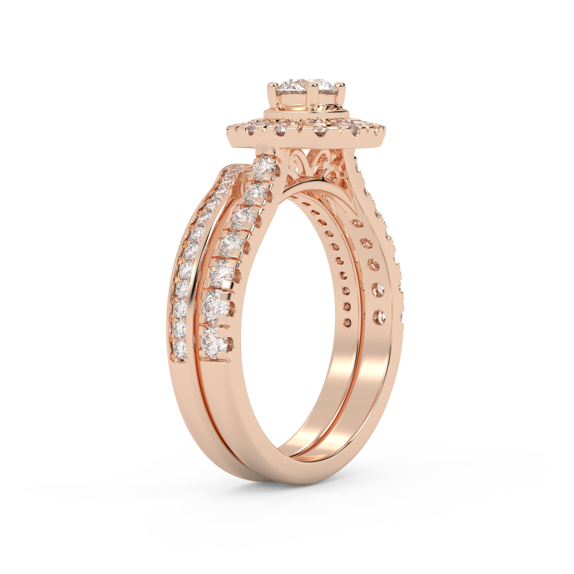 IGI Certified Round Shape Half Eternity Halo Solitaire Bridal Set Ring