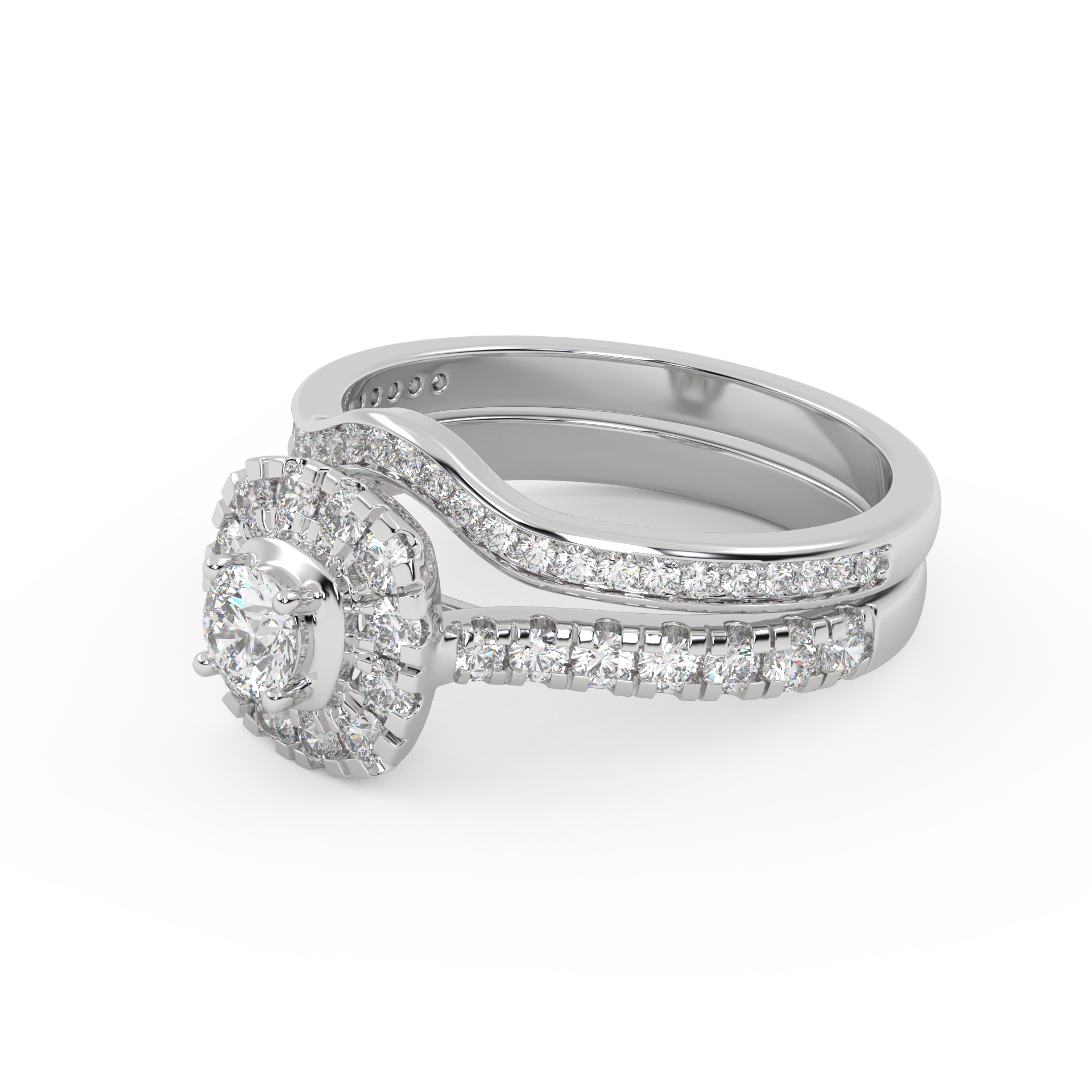 IGI Certified Round Shape Half Eternity Halo Solitaire Bridal Set Ring