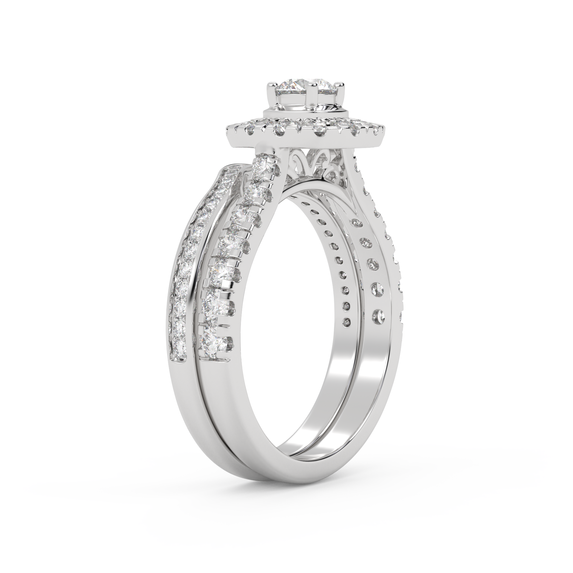 IGI Certified Round Shape Half Eternity Halo Solitaire Bridal Set Ring