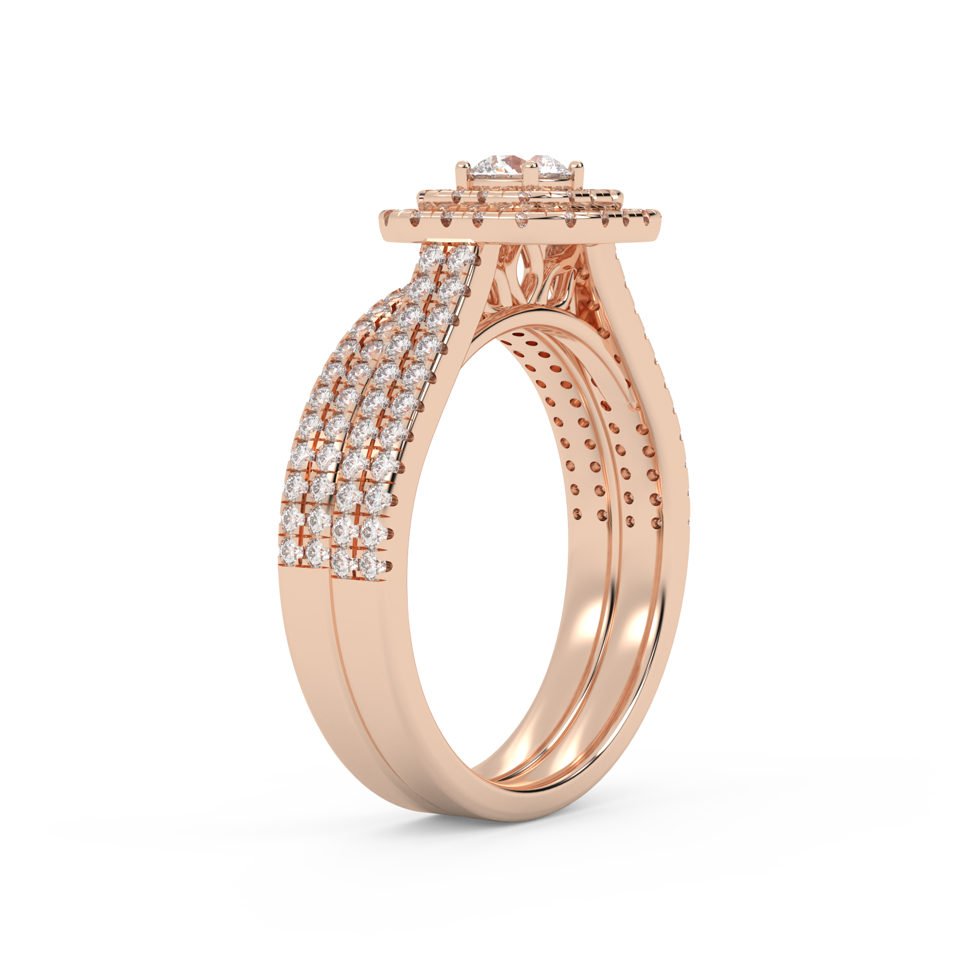 IGI Certified Round Cut Eternity Double Row Halo Bridal Set Ring