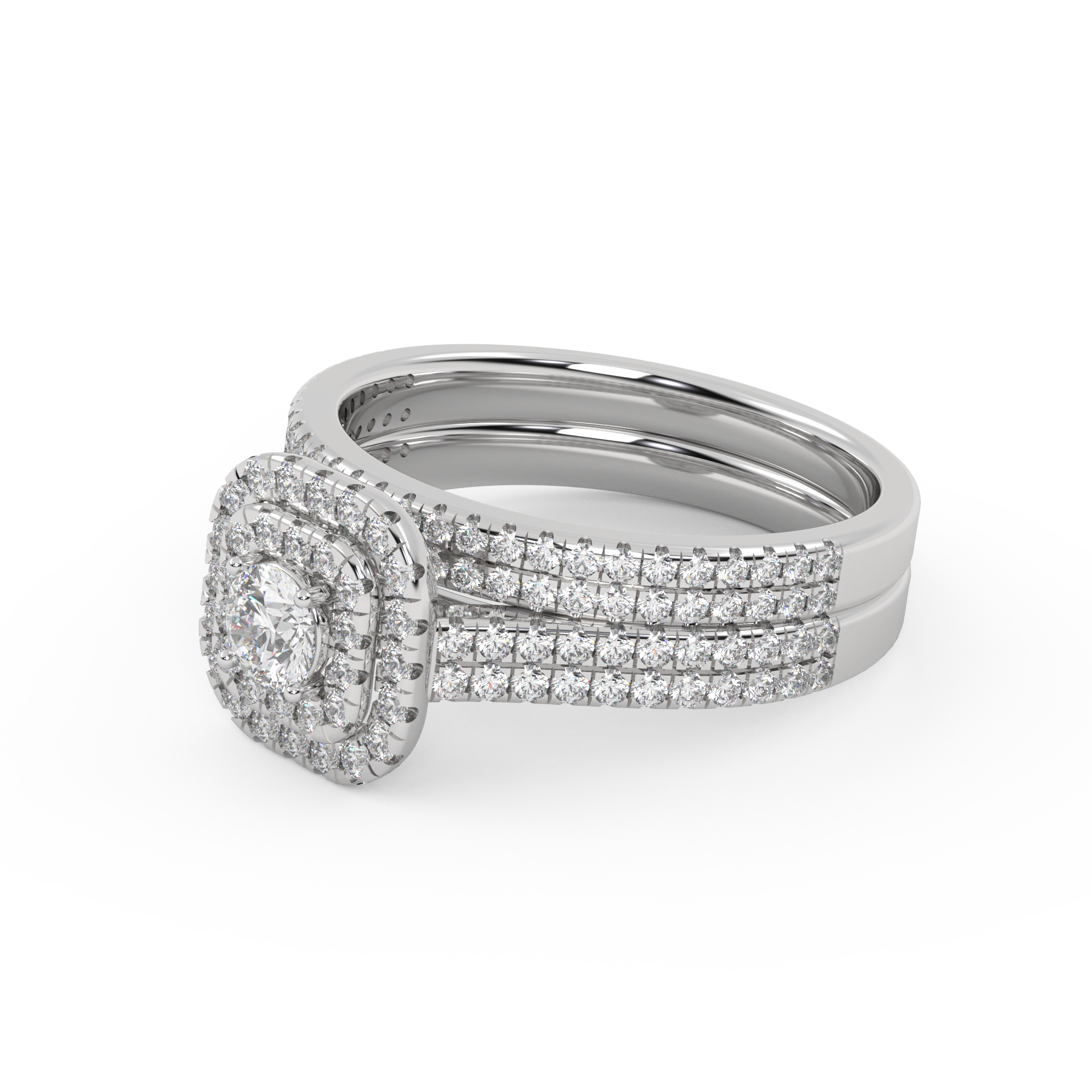 IGI Certified Round Cut Eternity Double Row Halo Bridal Set Ring