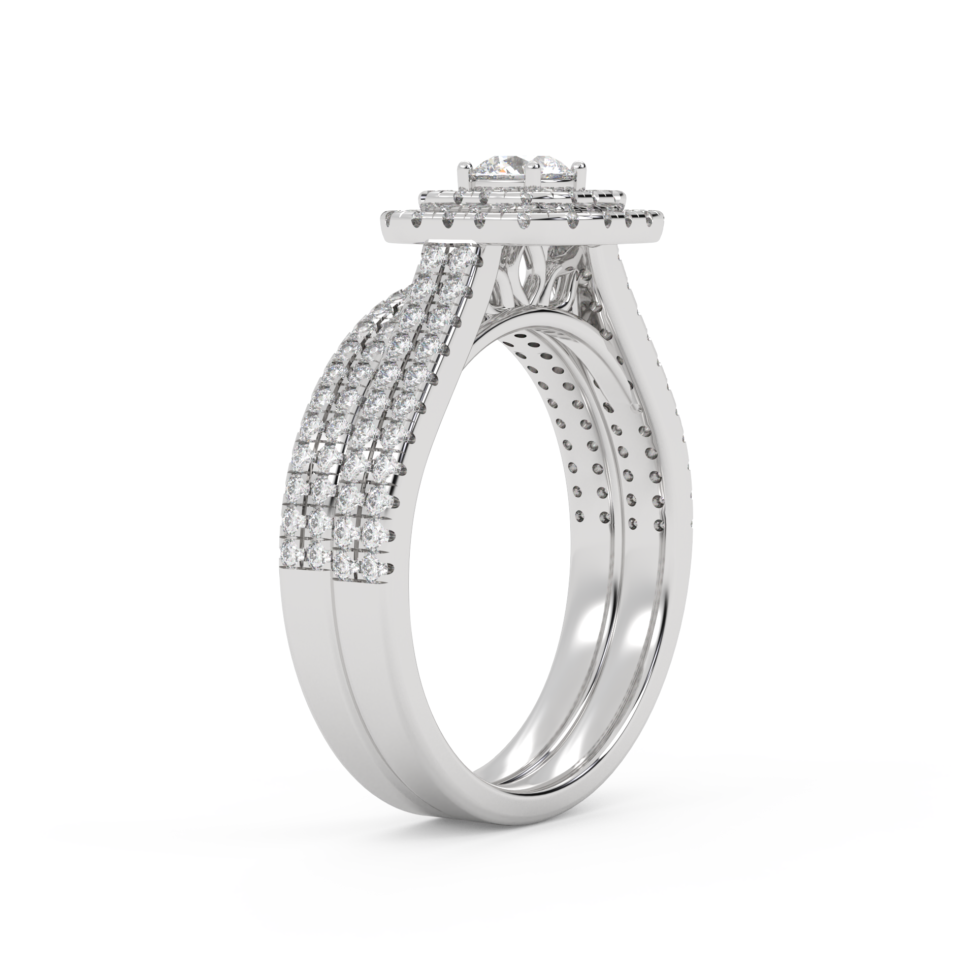 IGI Certified Round Cut Eternity Double Row Halo Bridal Set Ring