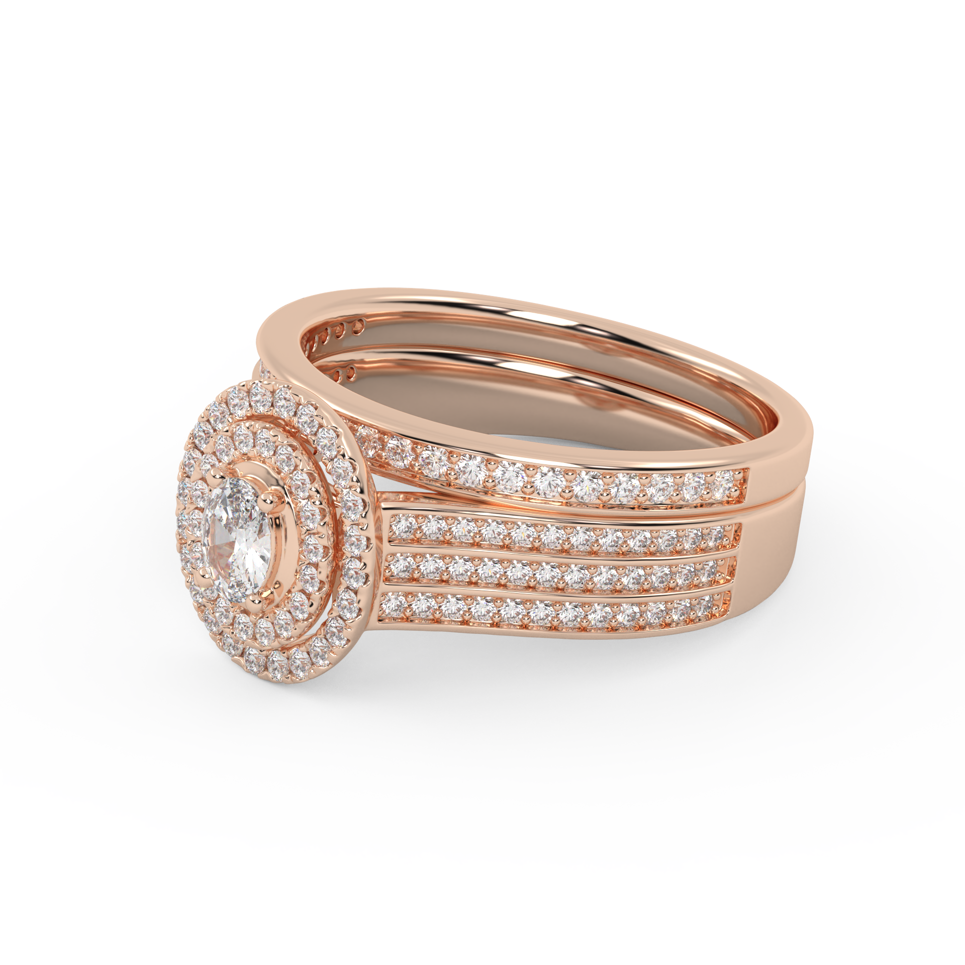 IGI Certified Oval Shape 3 Row Double Halo Bridal Set Ring