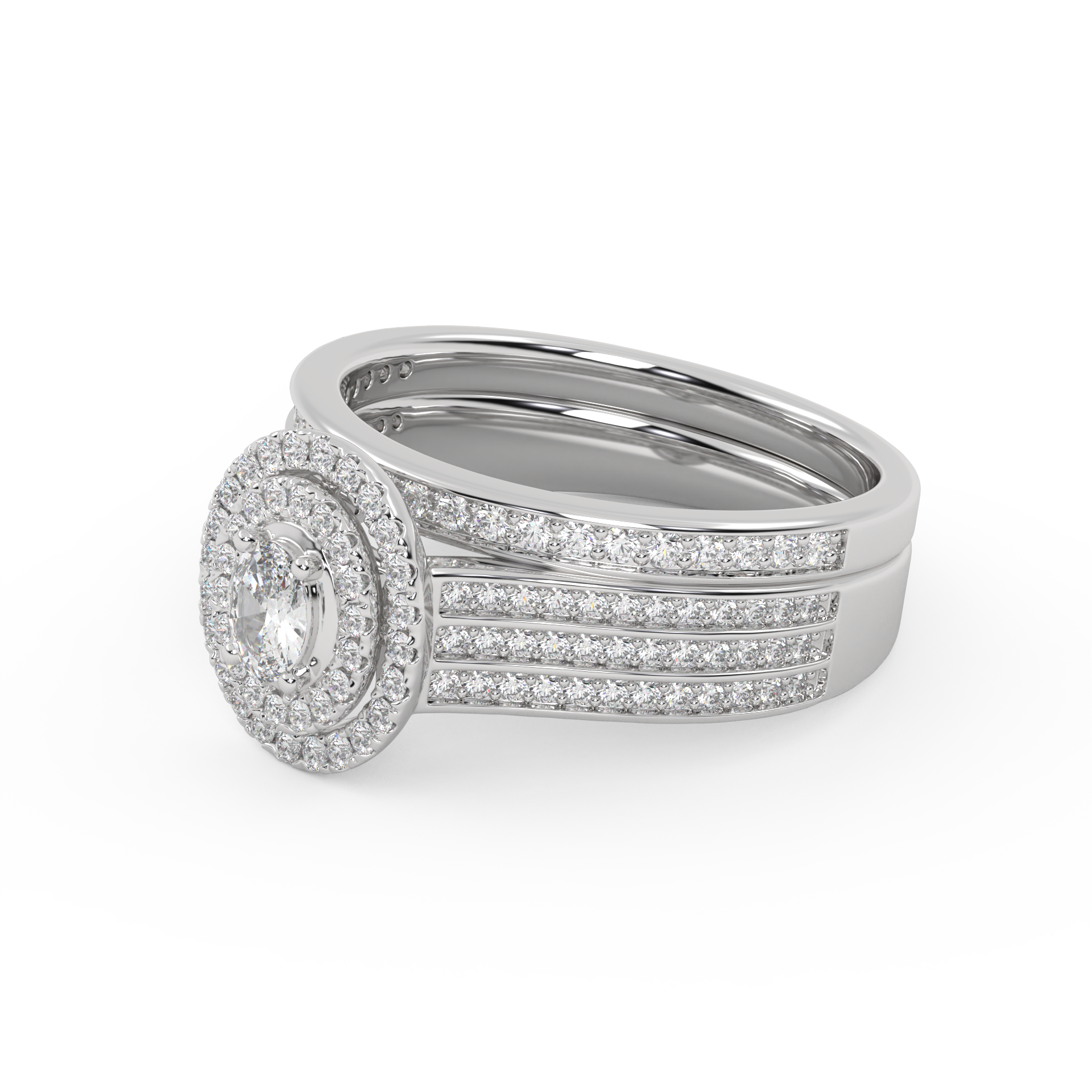 IGI Certified Oval Shape 3 Row Double Halo Bridal Set Ring