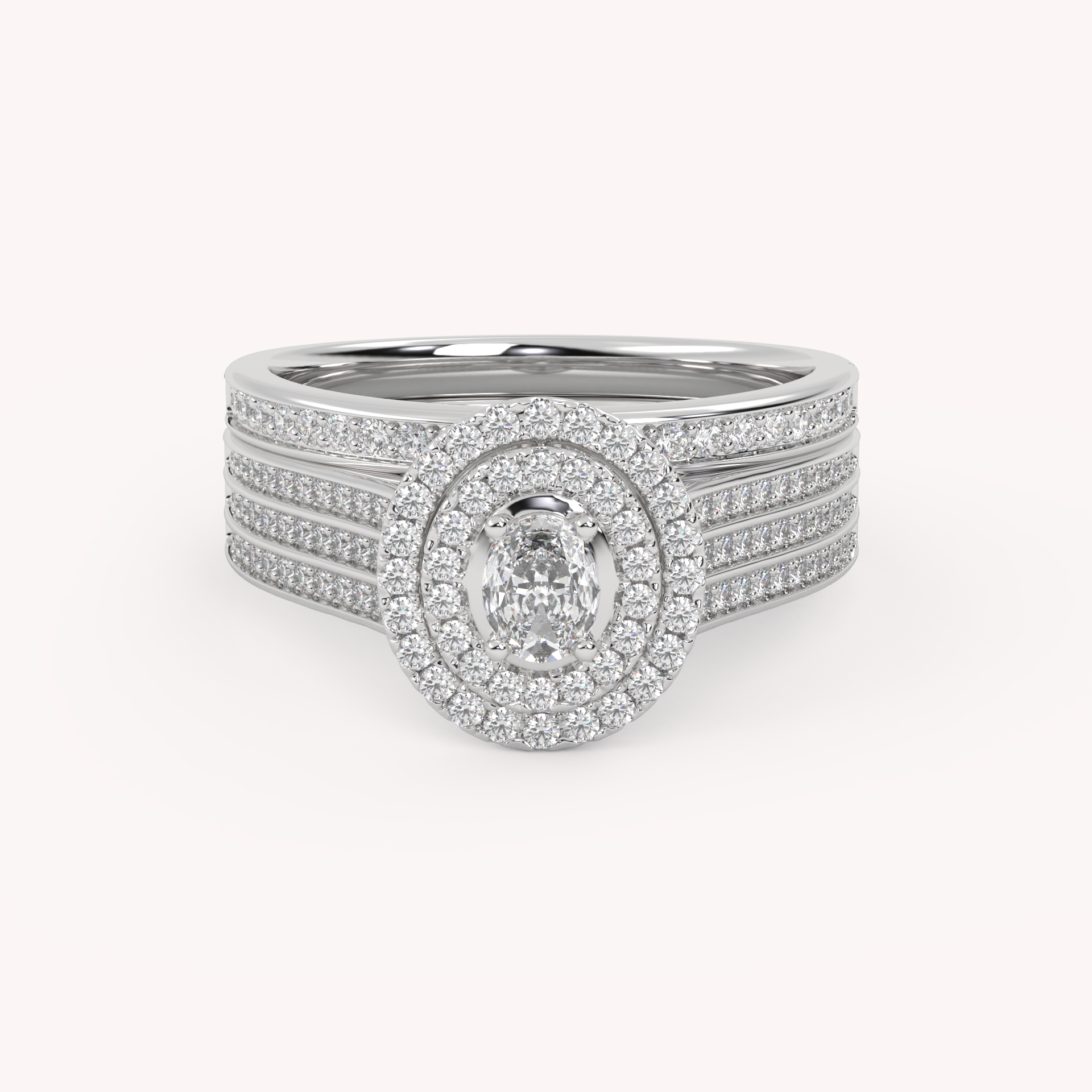 IGI Certified Oval Shape 3 Row Double Halo Bridal Set Ring