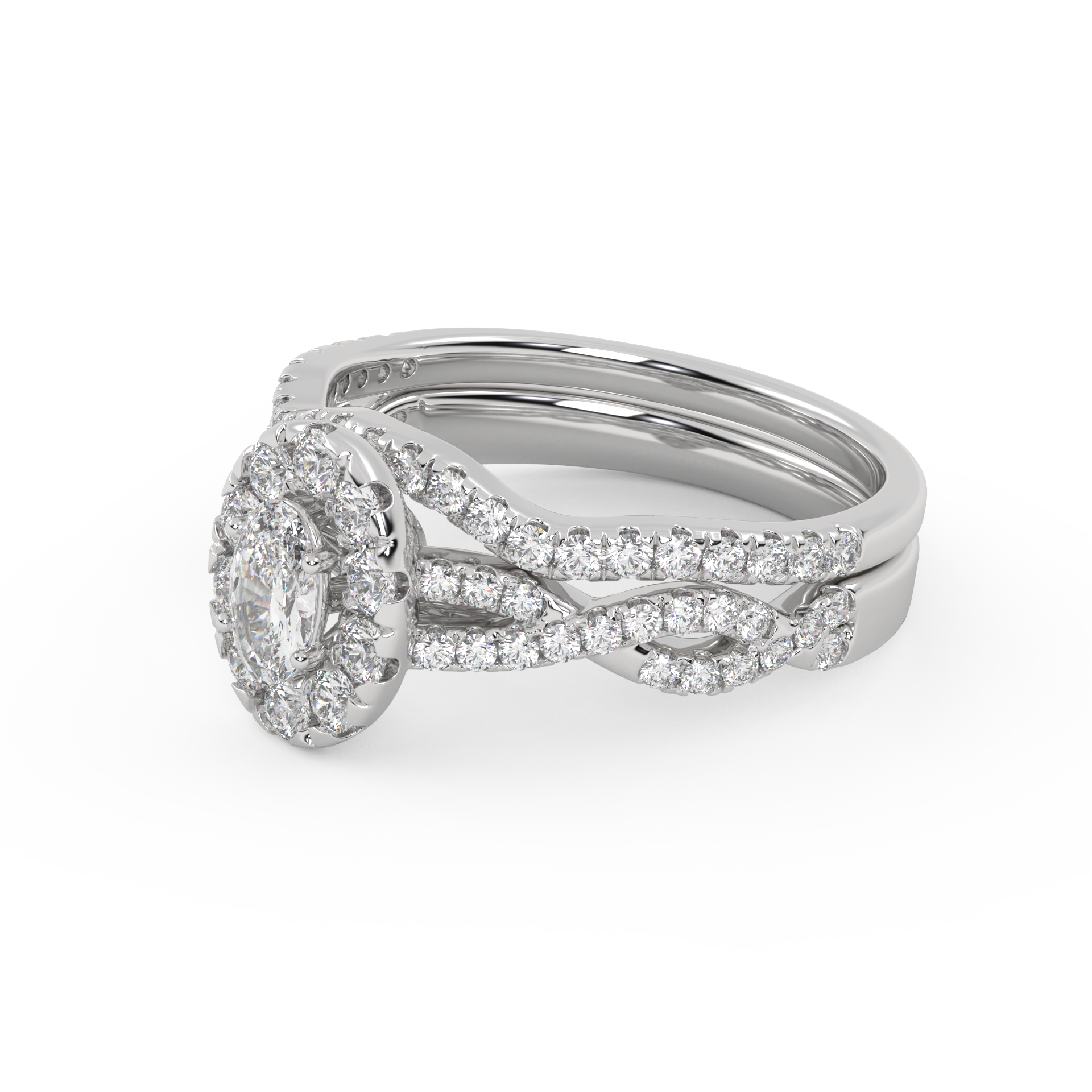 Oval Cut 1.00 Carat Lab Grown Diamond Twisted Infinity Halo Solitaire Bridal Set Ring