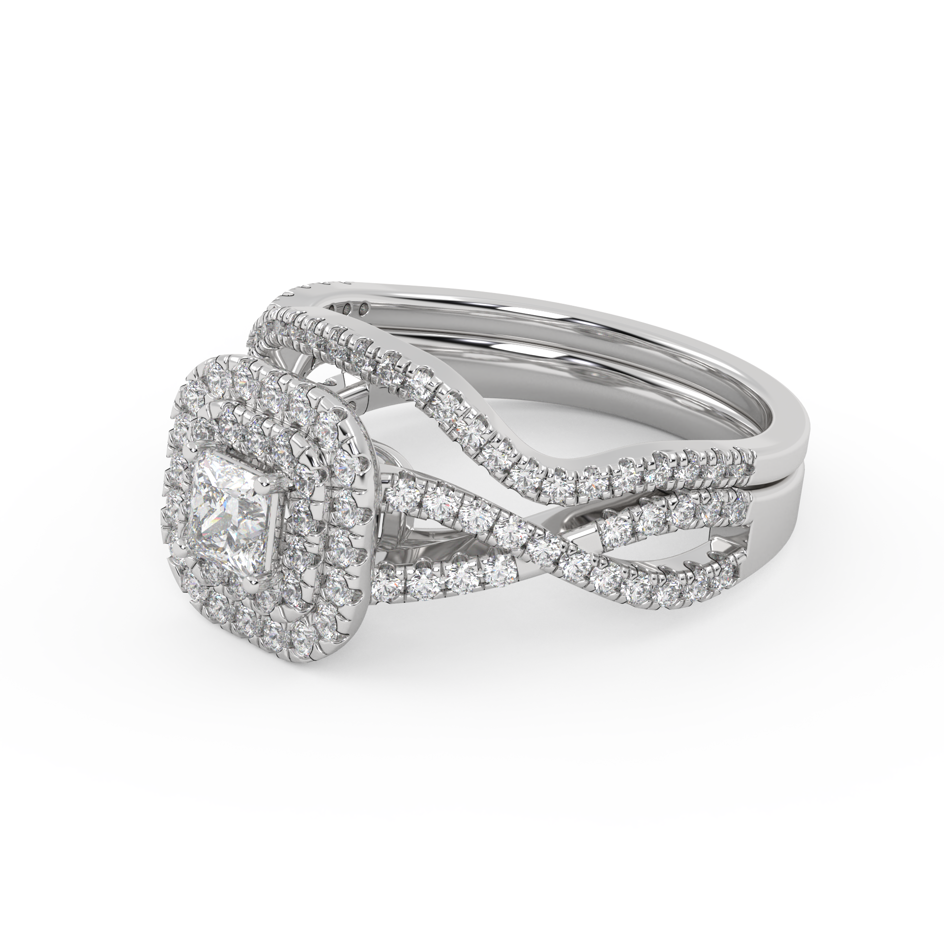 Princess Cut 1.00 Carat Lab Grown Diamond Twisted Infinity Halo Solitaire Bridal Set Ring
