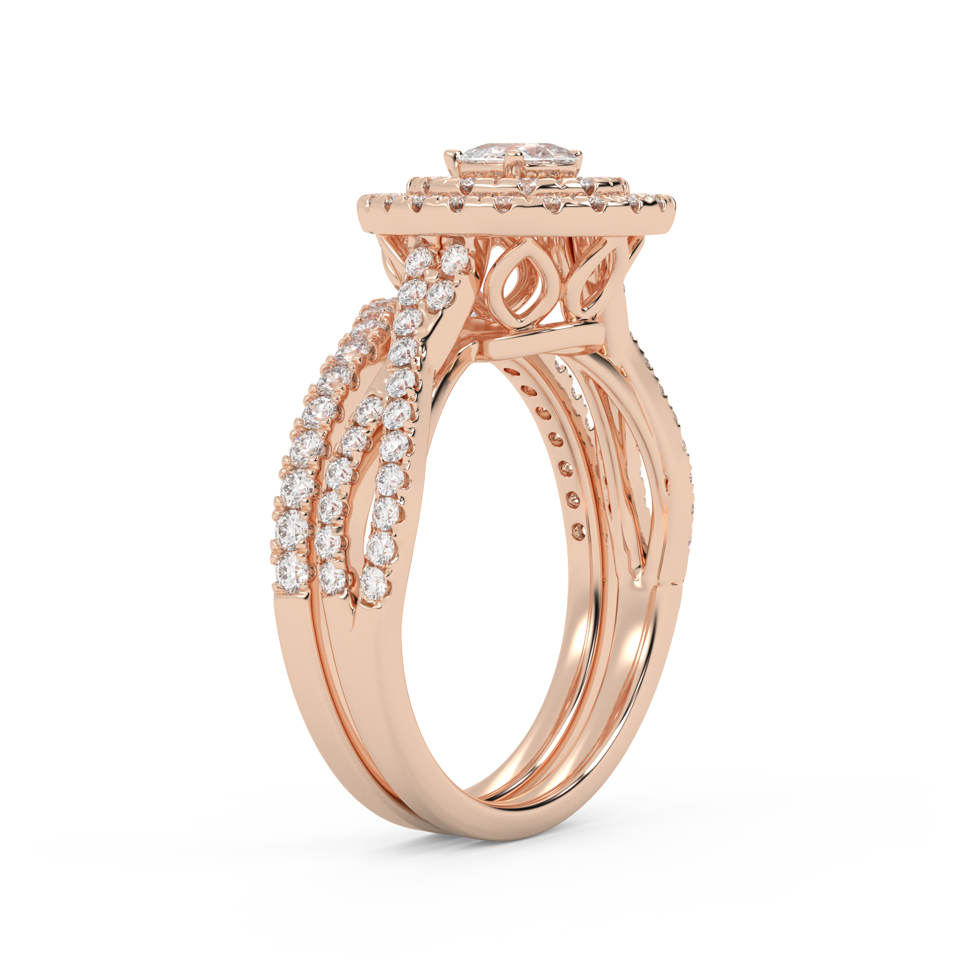 IGI Certified Pear Cut Split Shank Infinity Twisted Double Halo Bridal Set Ring